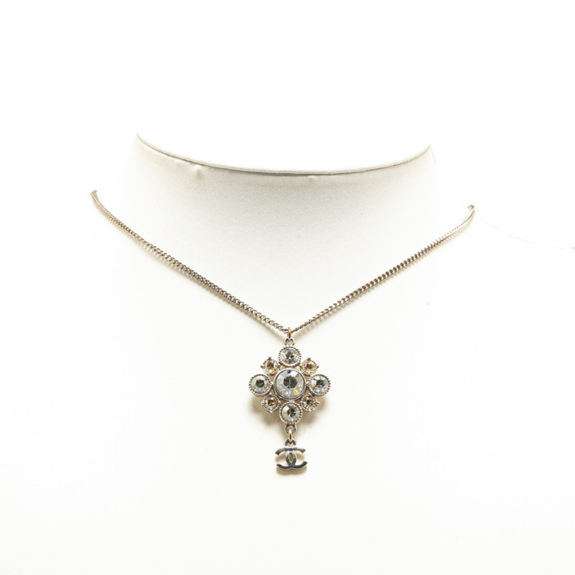 Chanel Coco Mark Rhinestone Necklace Silver Metal Women's CHANEL