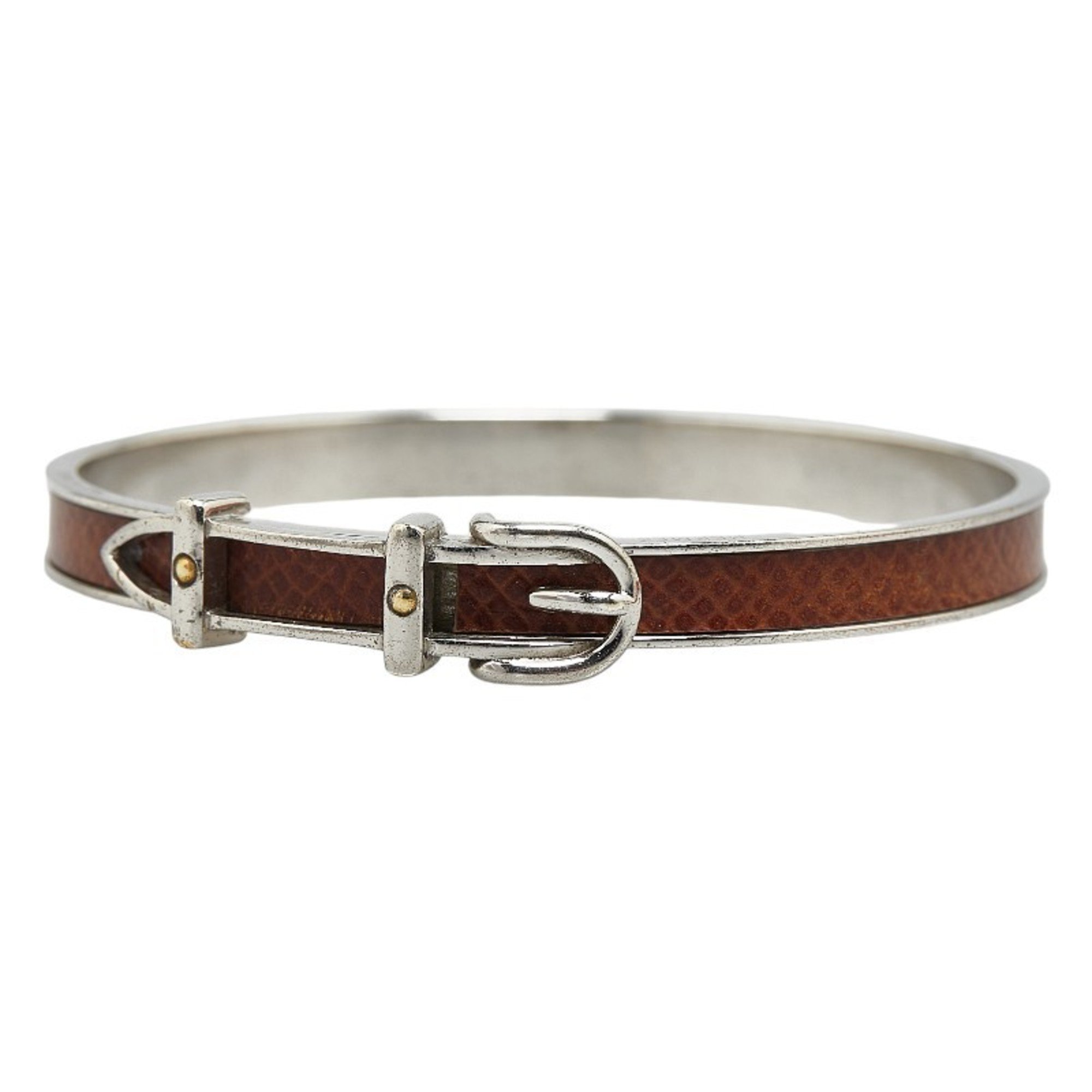 Hermes Boucle Cellier Bangle Silver Brown Metal Leather Women's HERMES