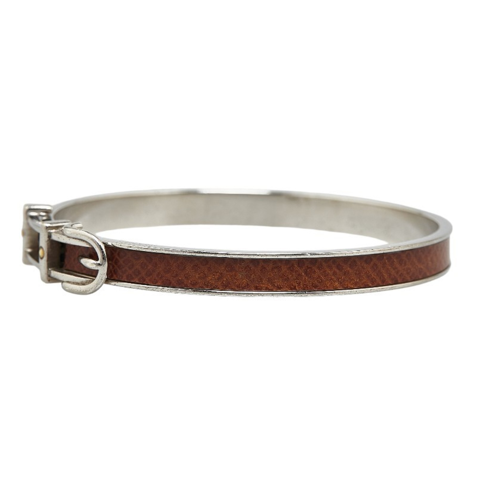 Hermes Boucle Cellier Bangle Silver Brown Metal Leather Women's HERMES