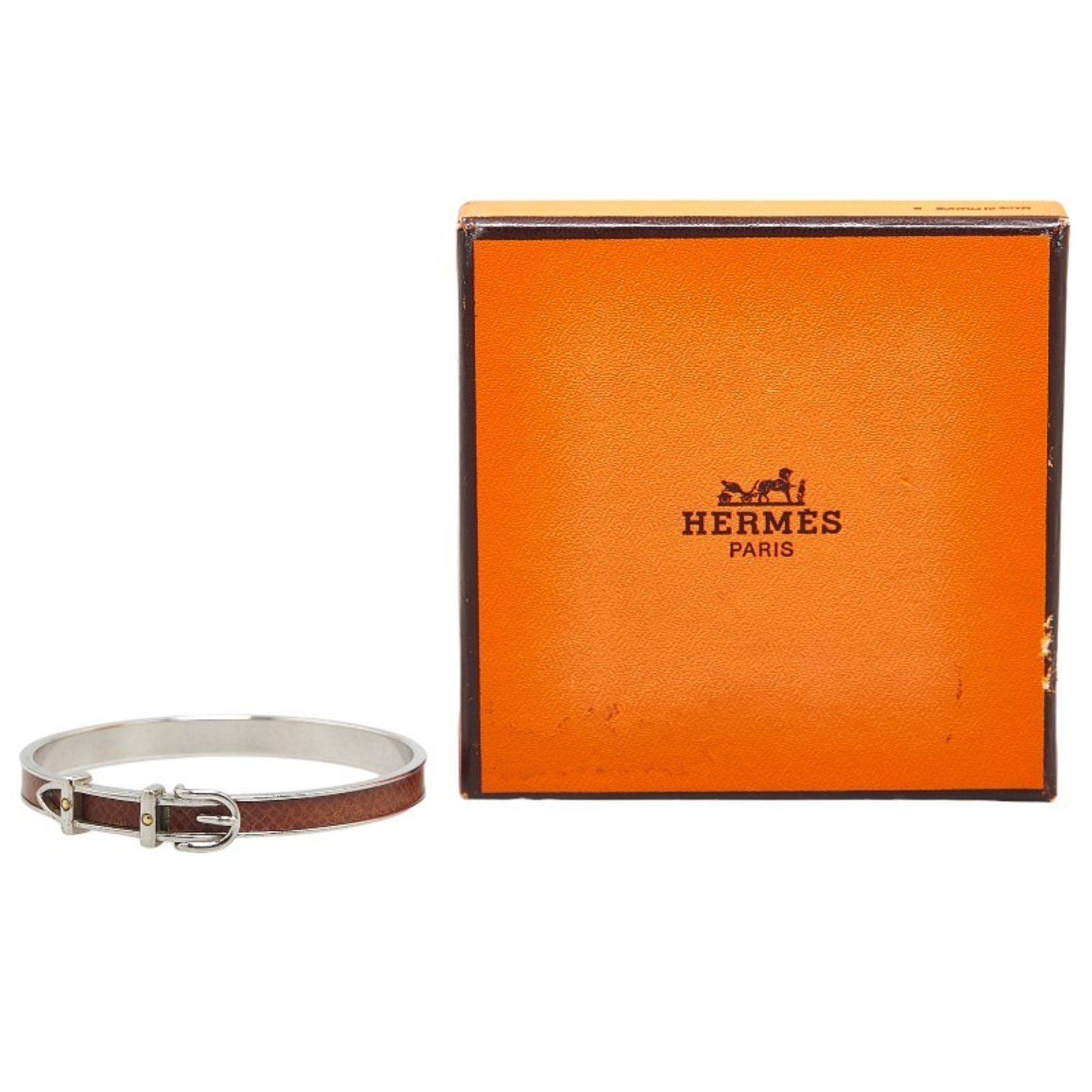 Hermes Boucle Cellier Bangle Silver Brown Metal Leather Women's HERMES