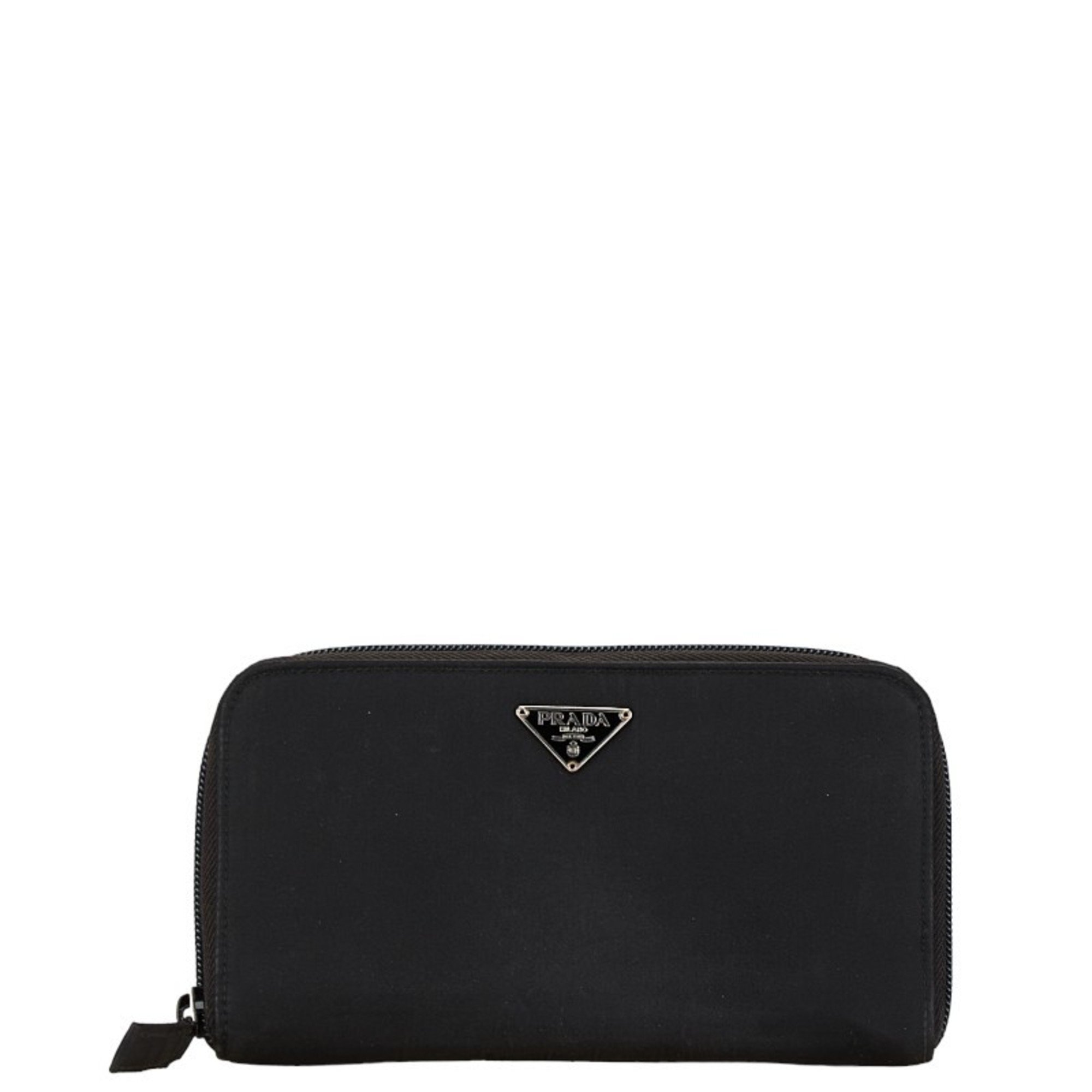 Prada Triangle Plate Round Long Wallet Black Nylon Women's PRADA