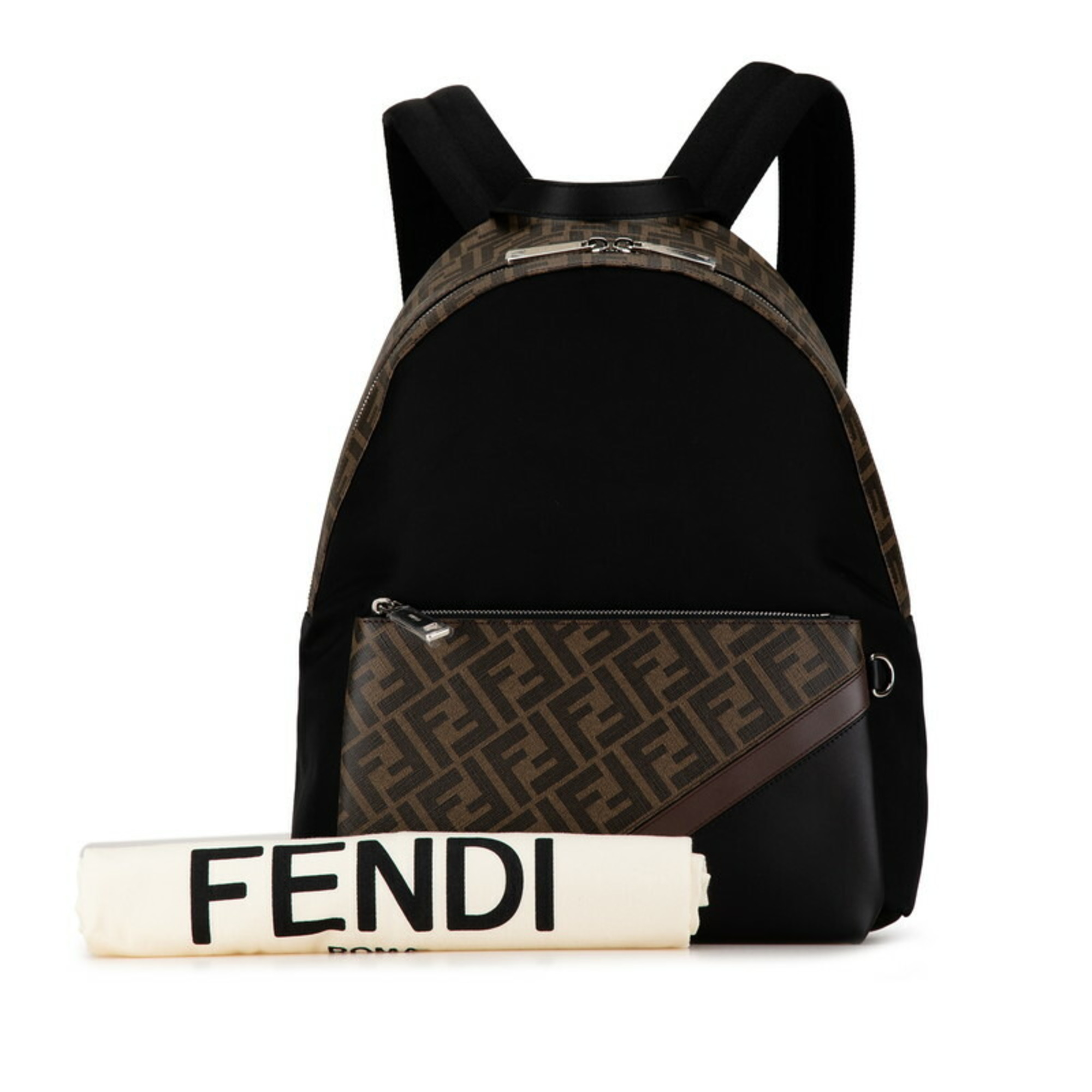 FENDI ZUCCA Rucksack 7VZ042 Black Brown Nylon PVC Leather Men's