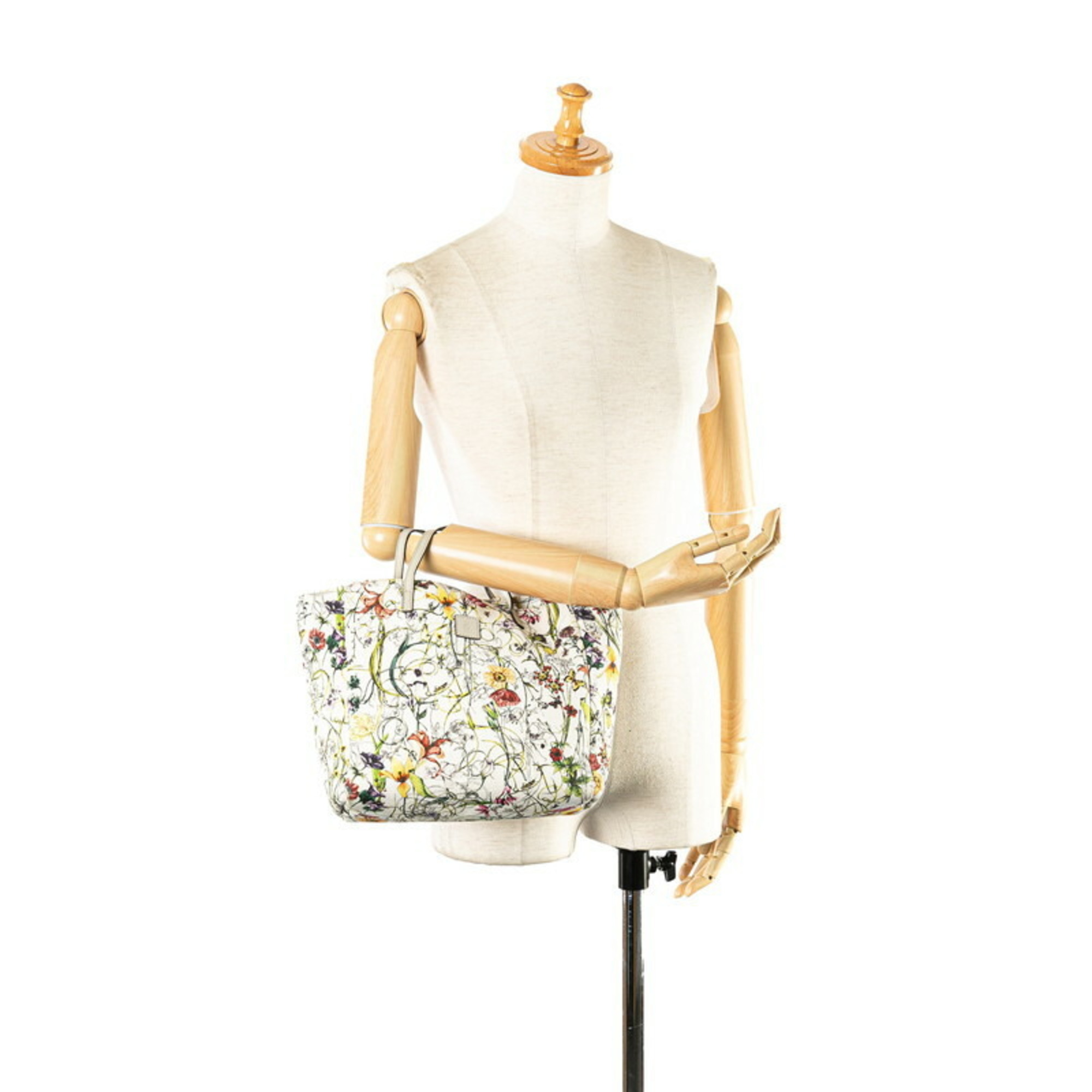 Gucci Flower Motif Tote Bag 284721 White Green Multicolor Canvas Leather Women's GUCCI