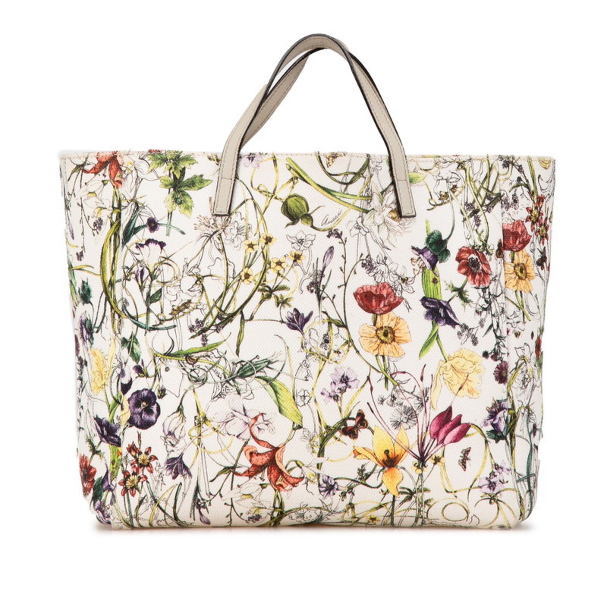 Gucci Flower Motif Tote Bag 284721 White Green Multicolor Canvas Leather Women's GUCCI