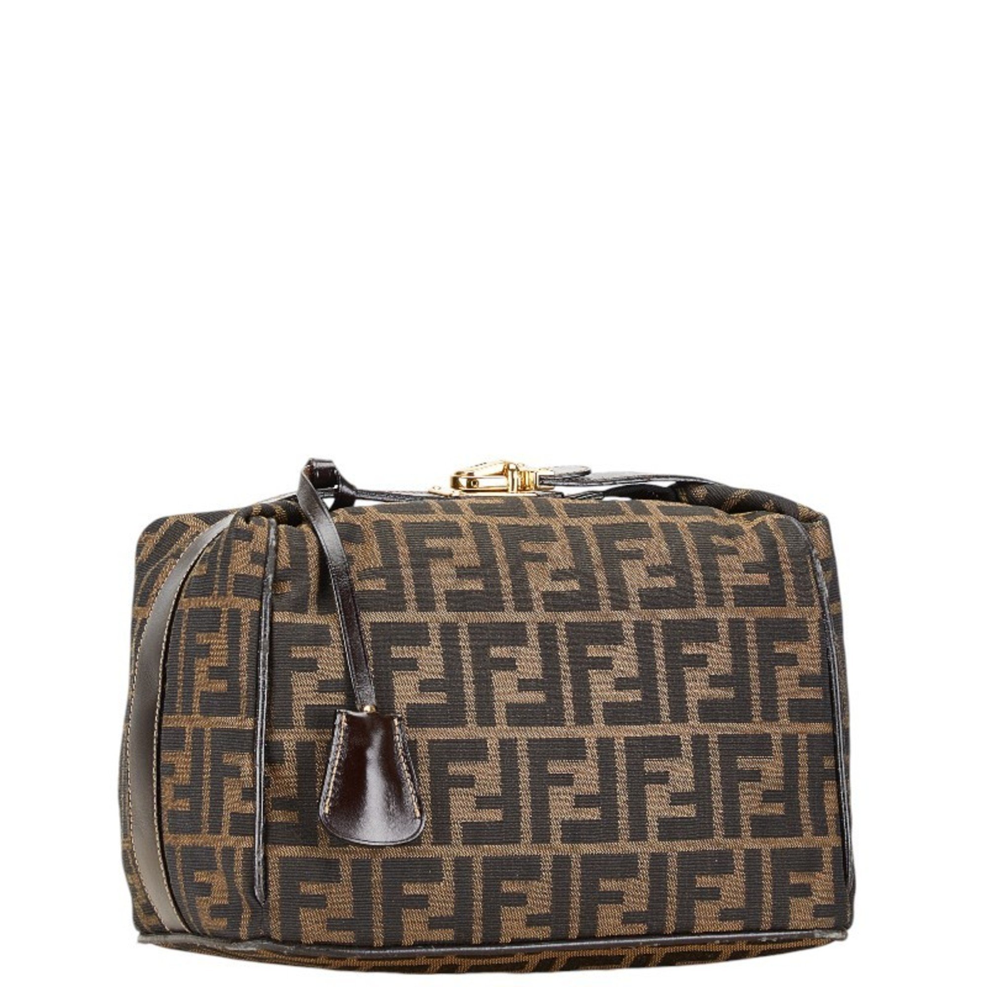 FENDI ZUCCA VANITY BAG BROWN CANVAS LEATHER WOMEN'S