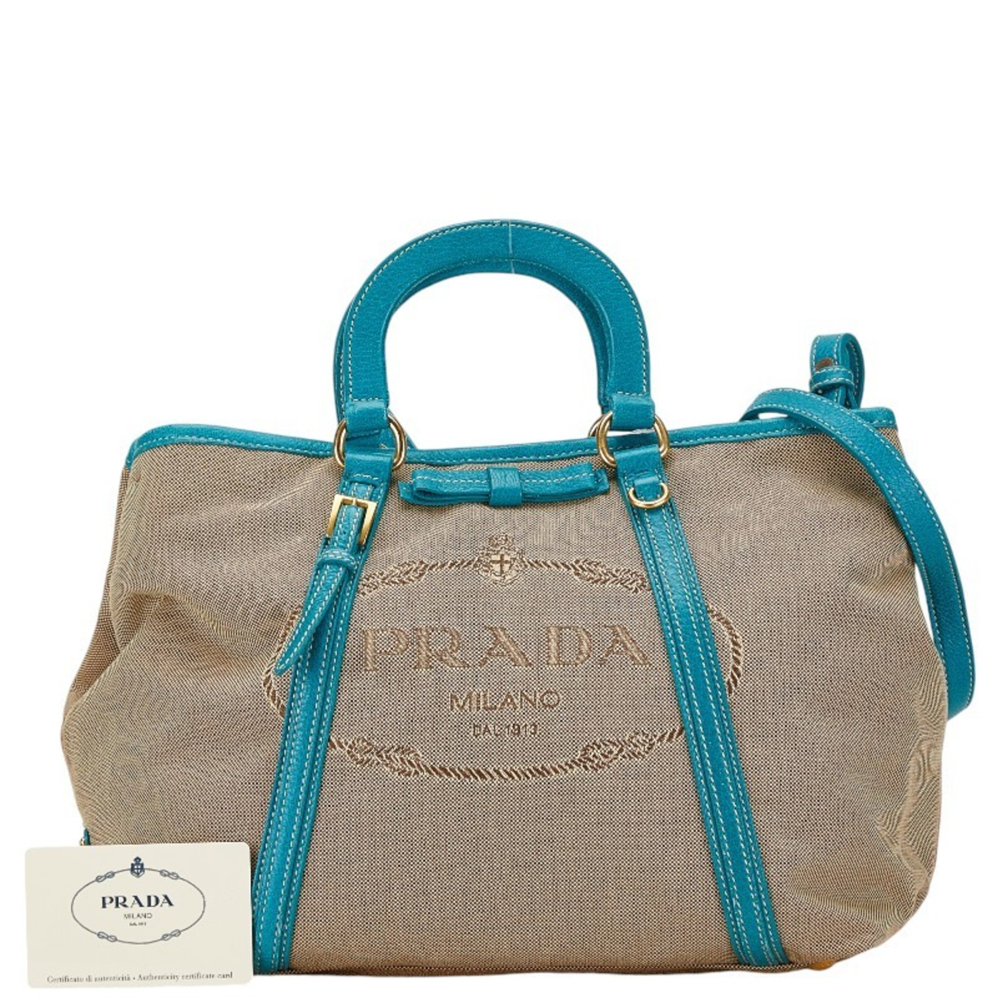 Prada Canapa Handbag Shoulder Bag Green Beige Canvas Leather Women's PRADA