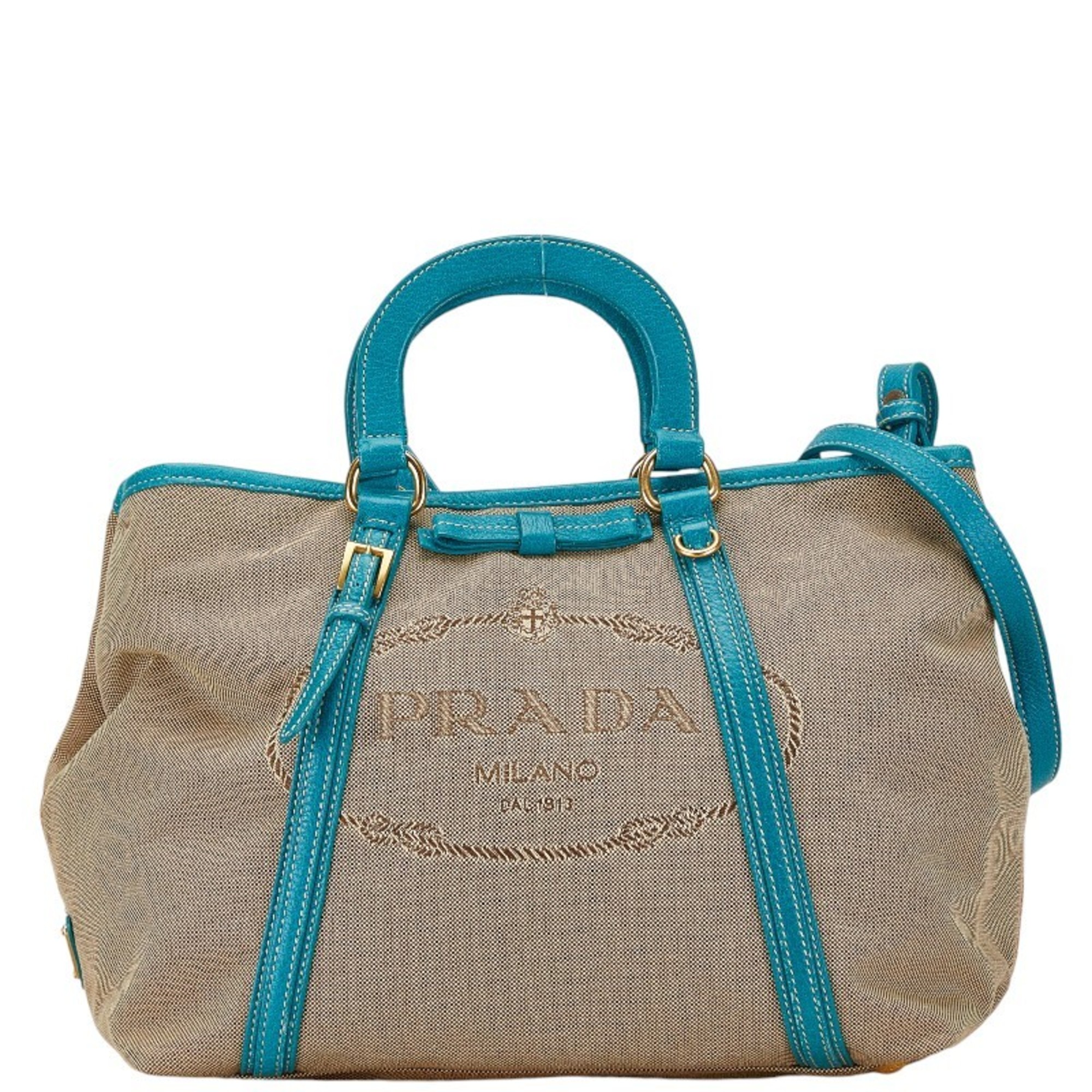 Prada Canapa Handbag Shoulder Bag Green Beige Canvas Leather Women's PRADA