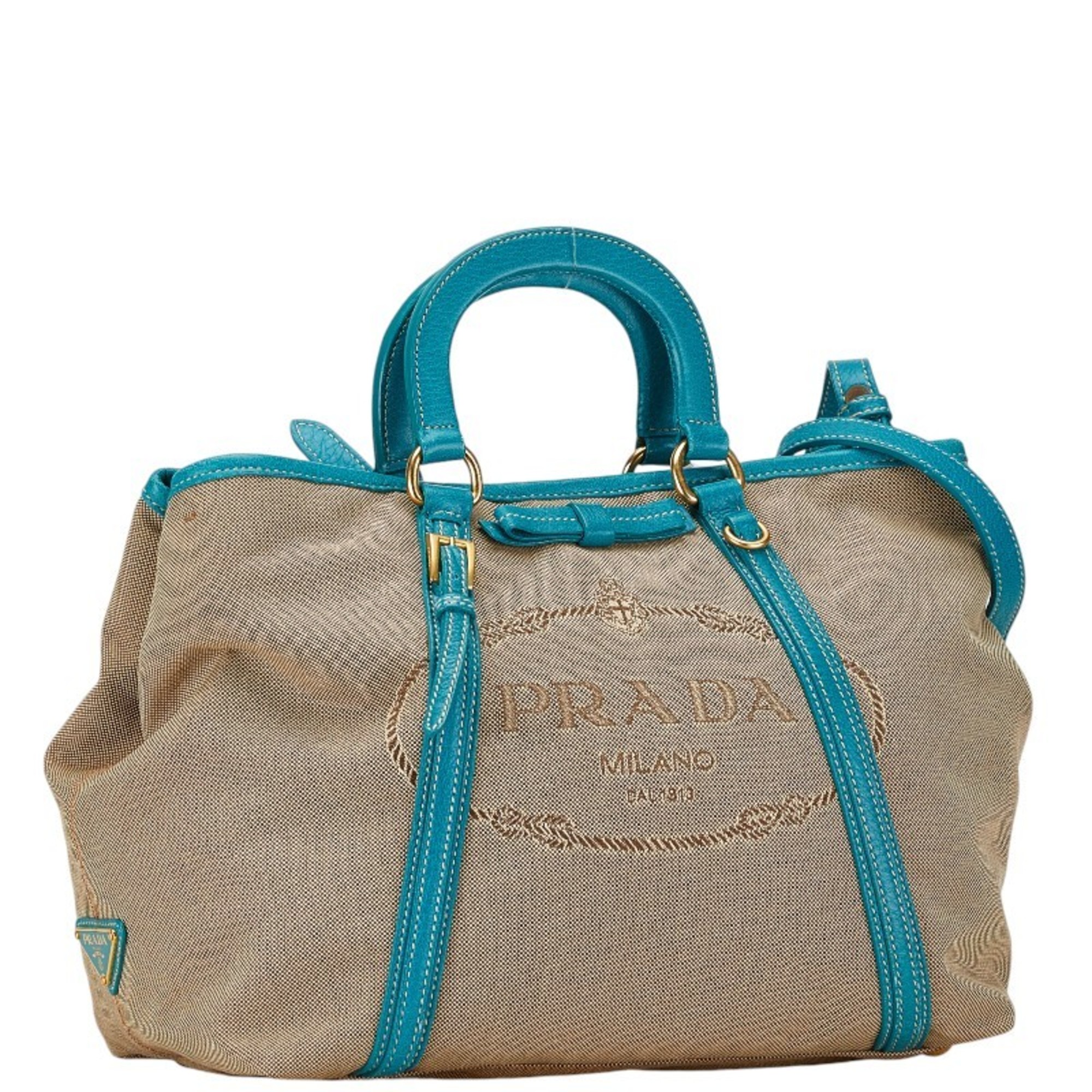 Prada Canapa Handbag Shoulder Bag Green Beige Canvas Leather Women's PRADA