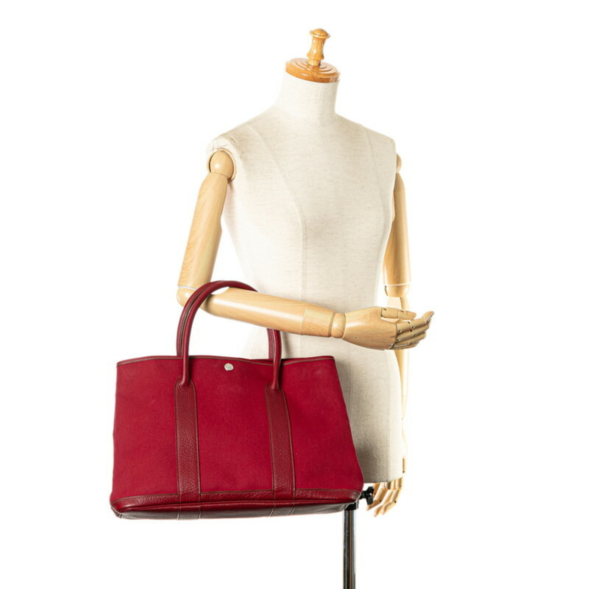 Hermes Garden PM Tote Bag Wine Red Toile H Leather Women's HERMES