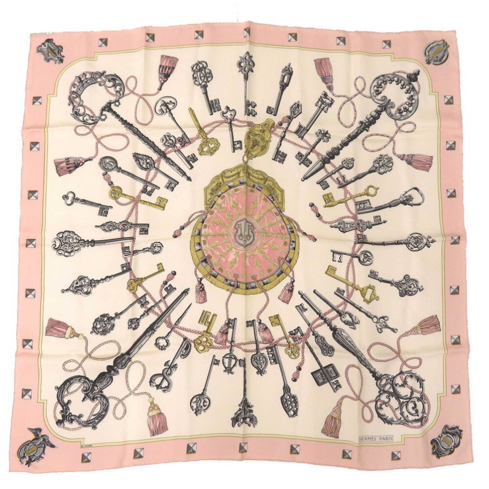 Hermes Carre 90 LES CLES Key Pattern Silk Pink Multicolor Scarf 0219HERMES