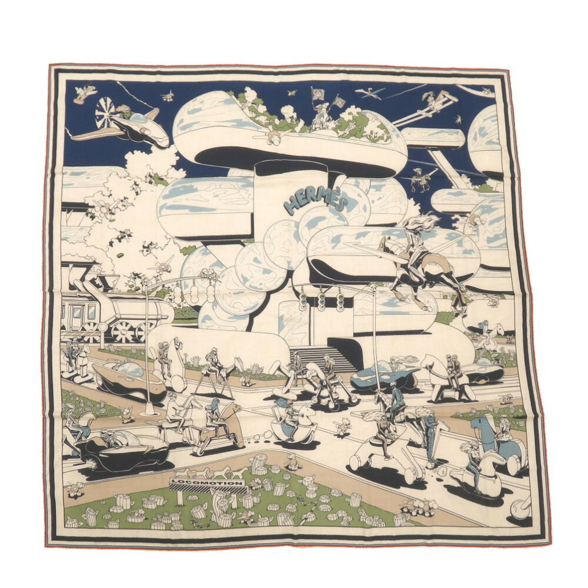 Hermes Carre Gean 140 LOCOMOTION Marine Natural Khaki Beige Scarf 1106HERMES