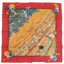 Hermes Carré 90 MARCHE FLOTTANT DU LAC INLE Floating Market on Lake Inle Silk Red Orange Vermilion Scarf 0033HERMES