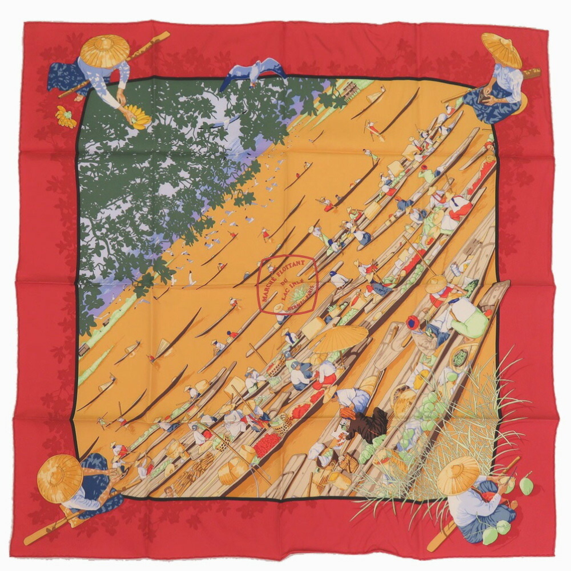 Hermes Carré 90 MARCHE FLOTTANT DU LAC INLE Floating Market on Lake Inle Silk Red Orange Vermilion Scarf 0033HERMES