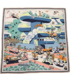 Hermes Carre Gean 140 LOCOMOTION Cashmere Silk Scarf White Blue Yellow 1107HERMES