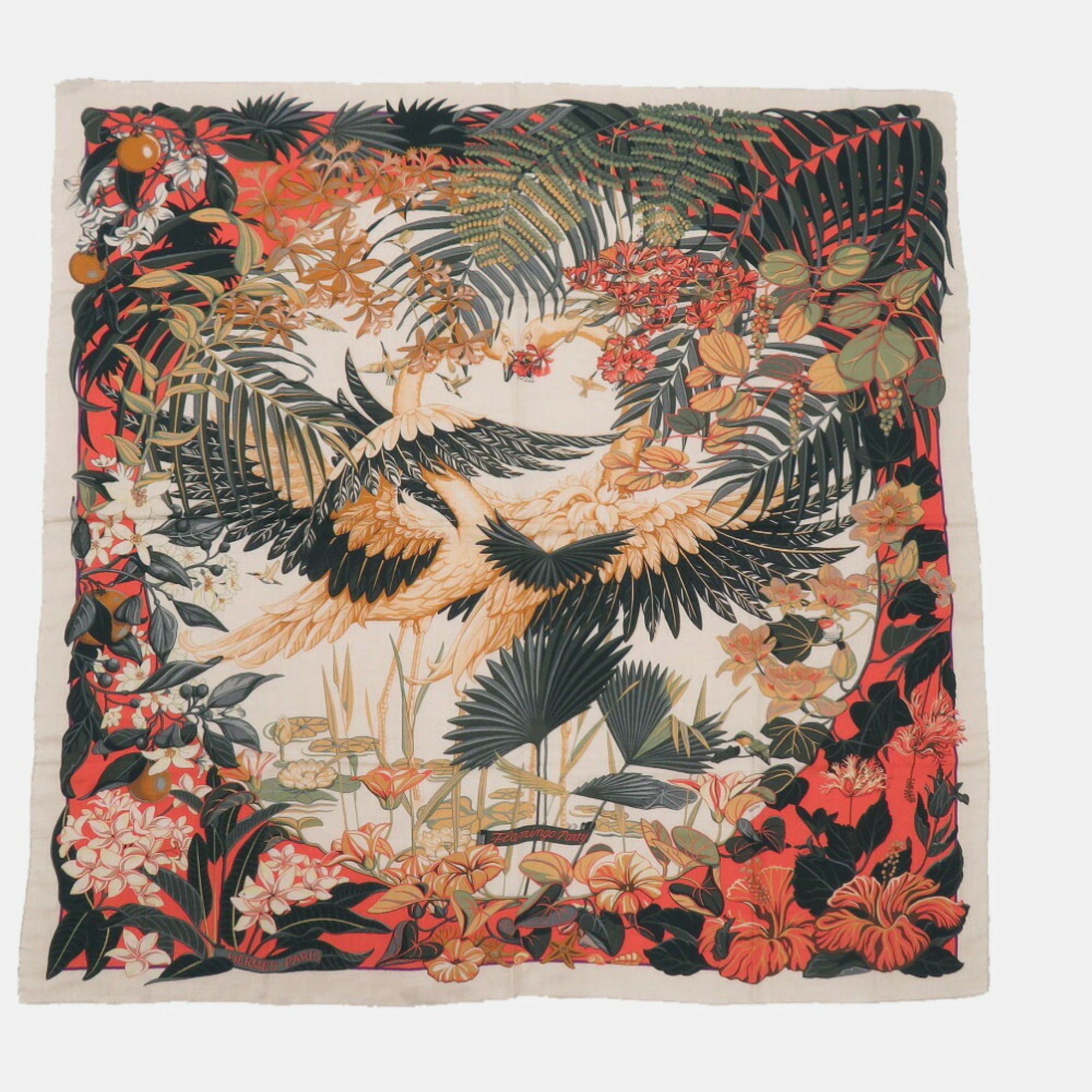 Hermes Carre 140 Flamingo Party Cashmere Silk Beige Multicolor Scarf 0214HERMES