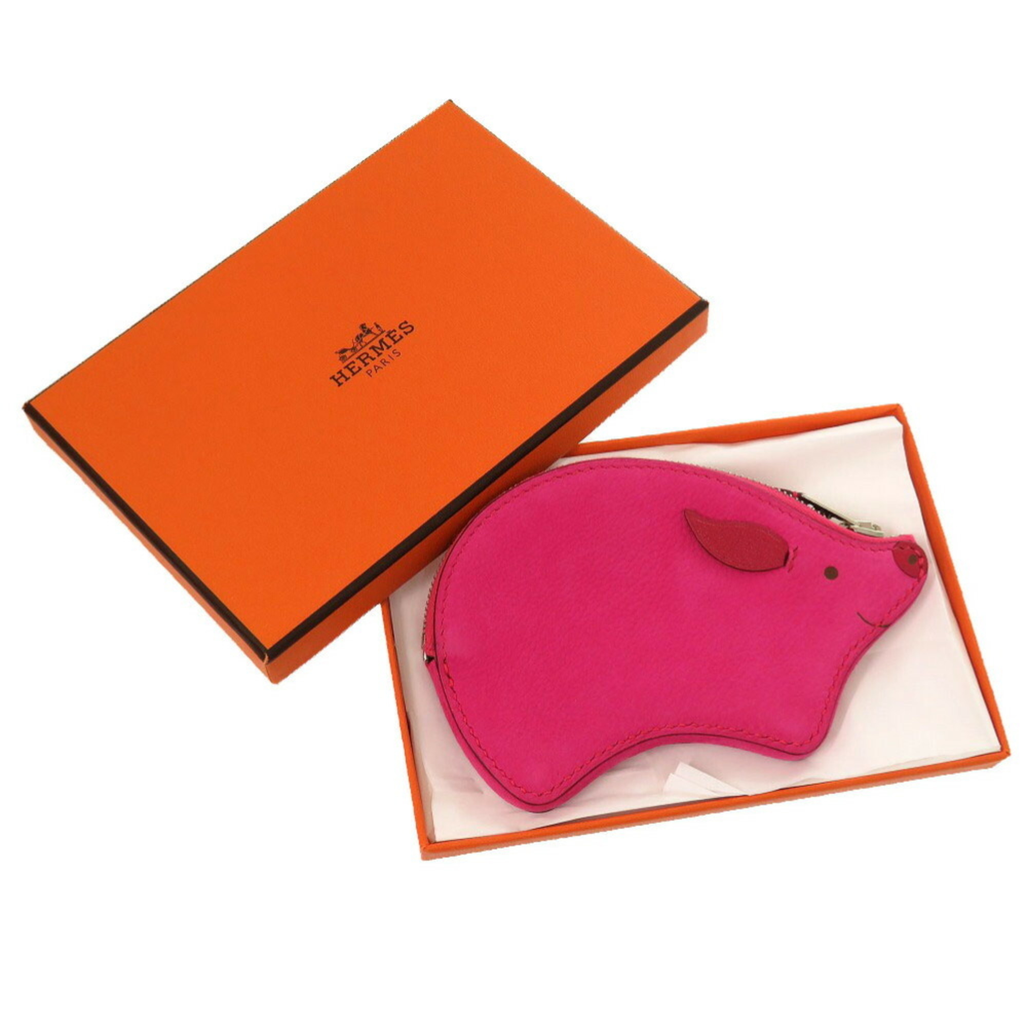 Hermes Animal Pig Leather Pink J Engraved Coin Case Wallet 0528 HERMES