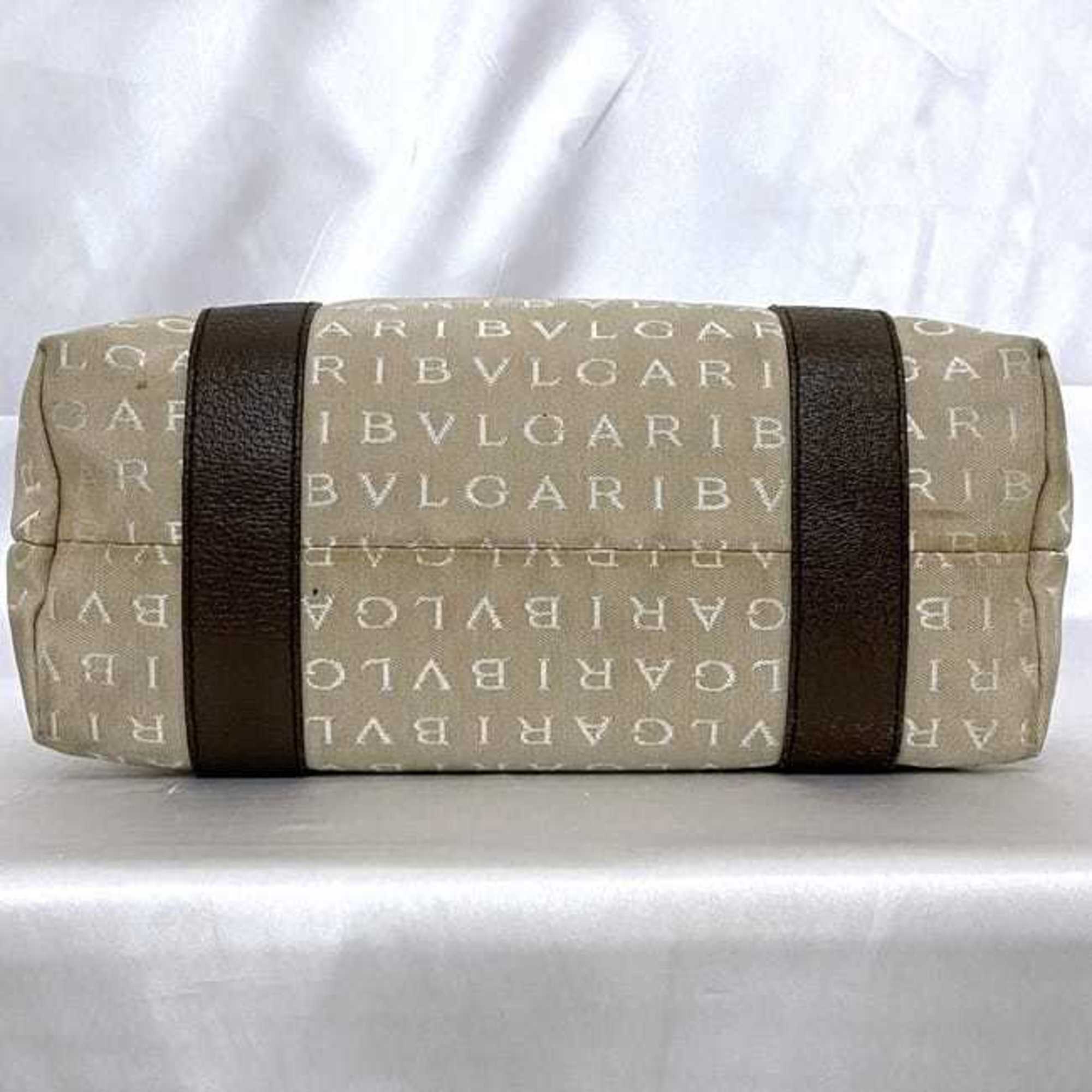 Bvlgari Tote Bag ec-21030 Beige Brown Mania Canvas Leather BVLGARI Embroidery Women's