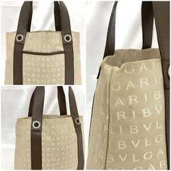 Bvlgari Tote Bag ec-21030 Beige Brown Mania Canvas Leather BVLGARI Embroidery Women's