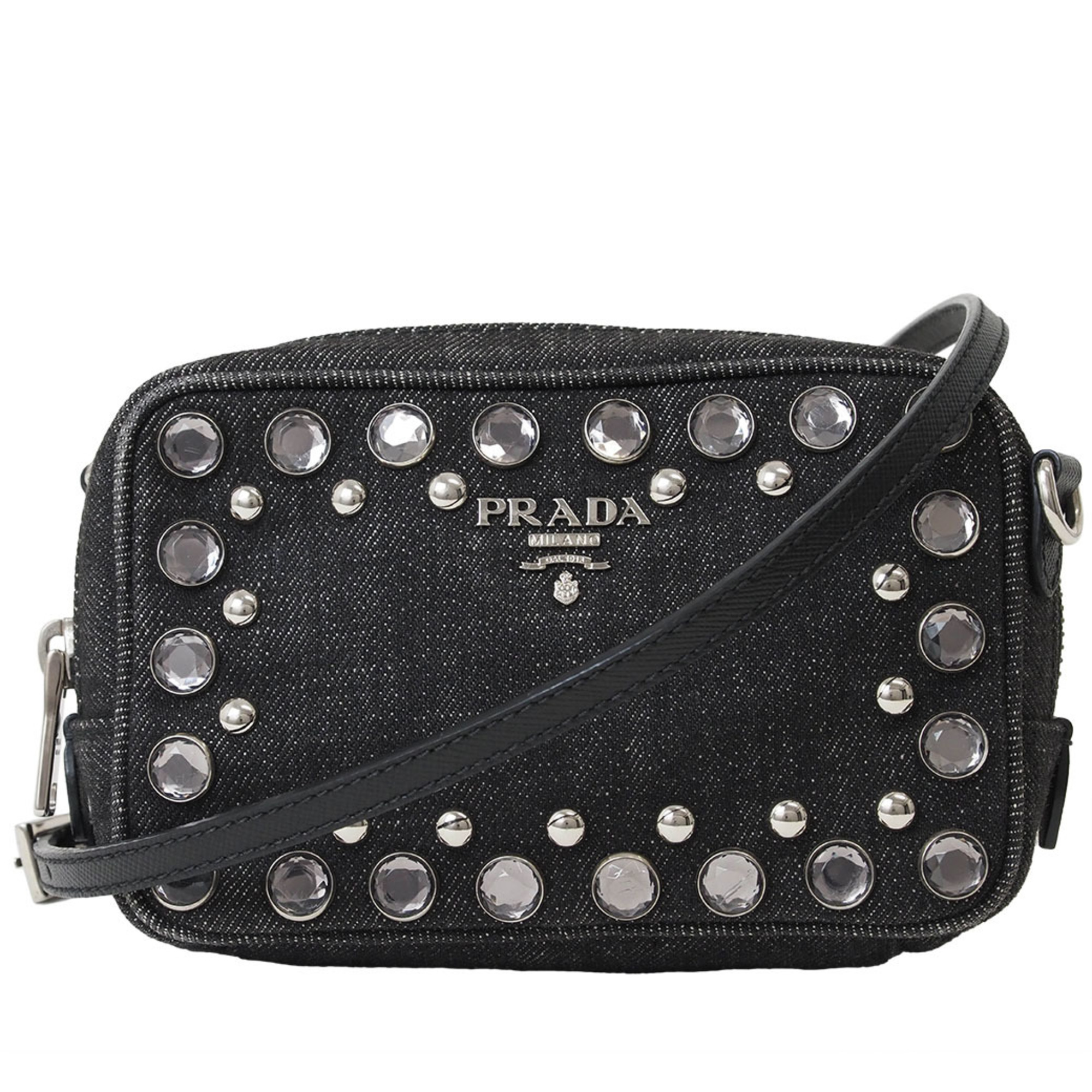 Prada Denim Studded Shoulder Bag Black 1N1674 Women's Bags Pochettes Pouches PRADA