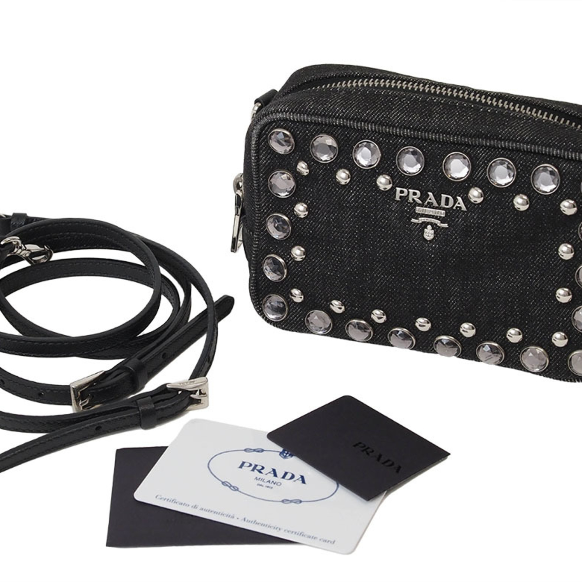 Prada Denim Studded Shoulder Bag Black 1N1674 Women's Bags Pochettes Pouches PRADA