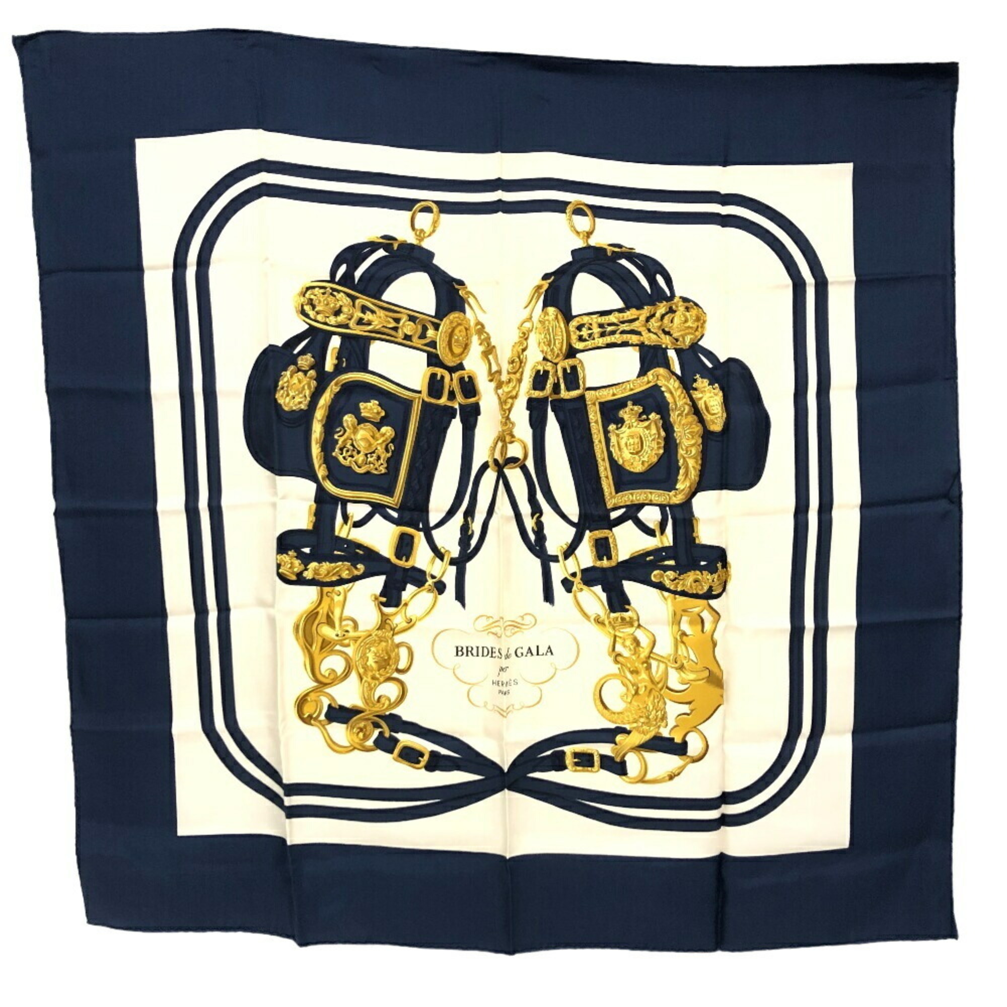 HERMES Hermes Carre 90 BRIDES de GALA Ceremonial Bridle Scarf Muffler Navy Unisex