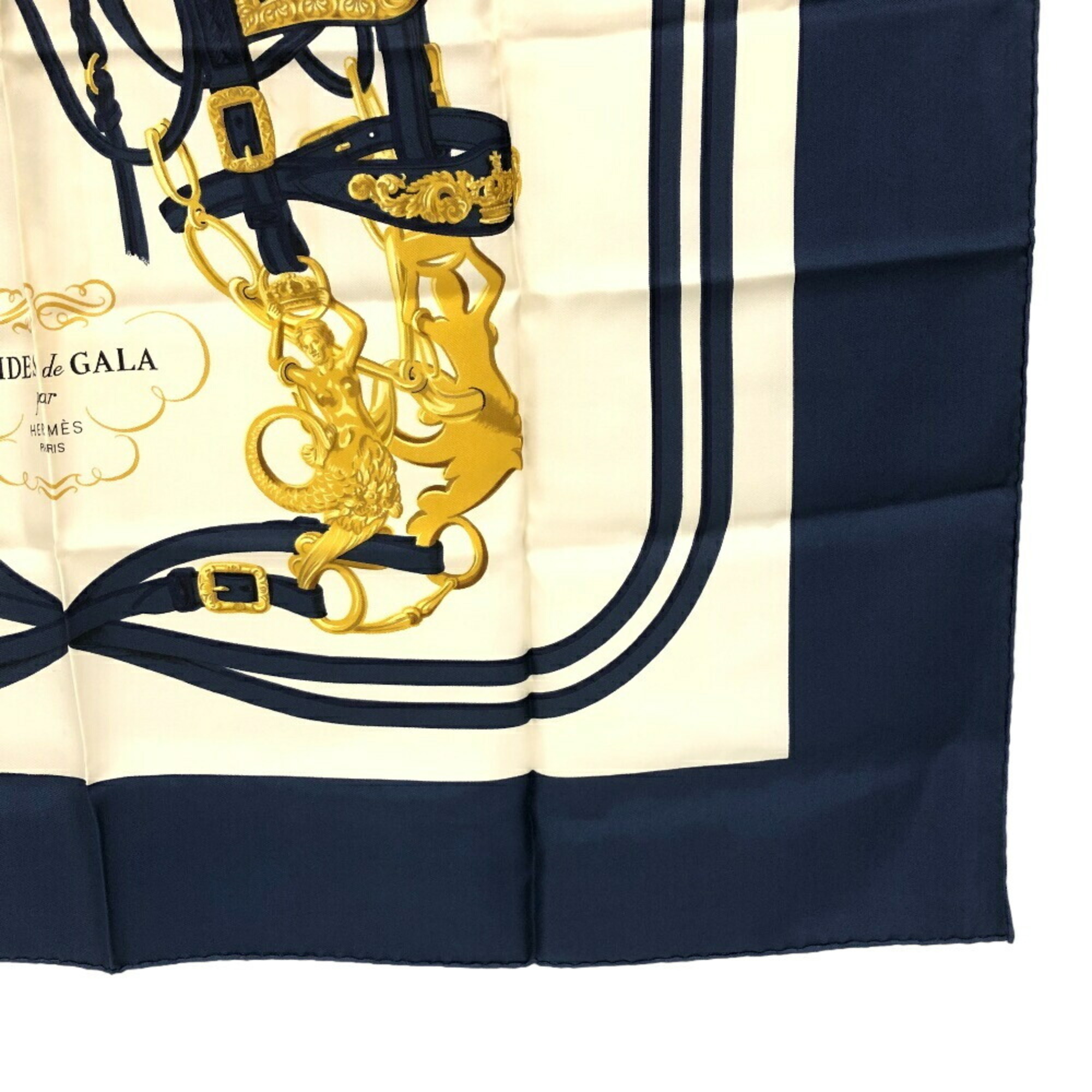 HERMES Hermes Carre 90 BRIDES de GALA Ceremonial Bridle Scarf Muffler Navy Unisex