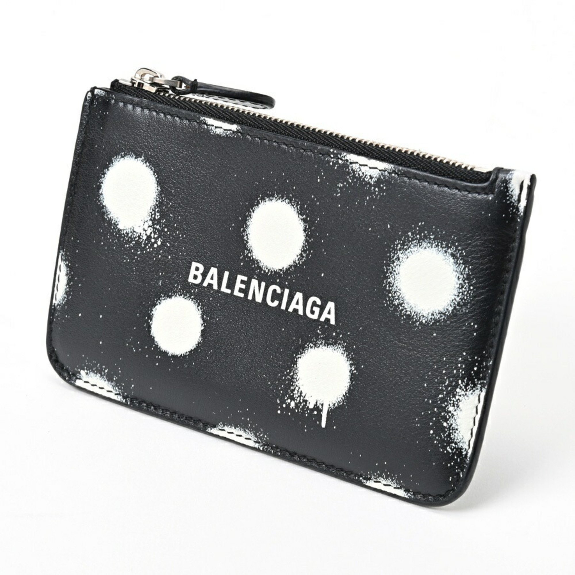 BALENCIAGA Coin Card Holder Case 637130 Leather Black/Polka Dot Pattern S-156304