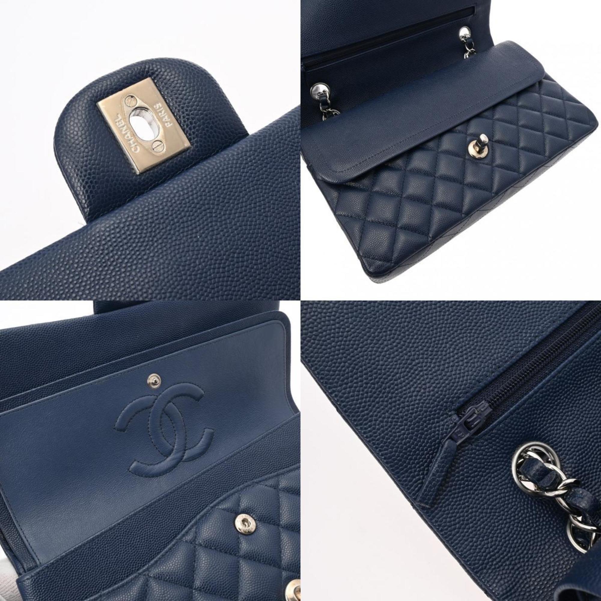 CHANEL Chanel Matelasse Chain Shoulder Double Flap 25cm Navy Women's Caviar Skin Bag