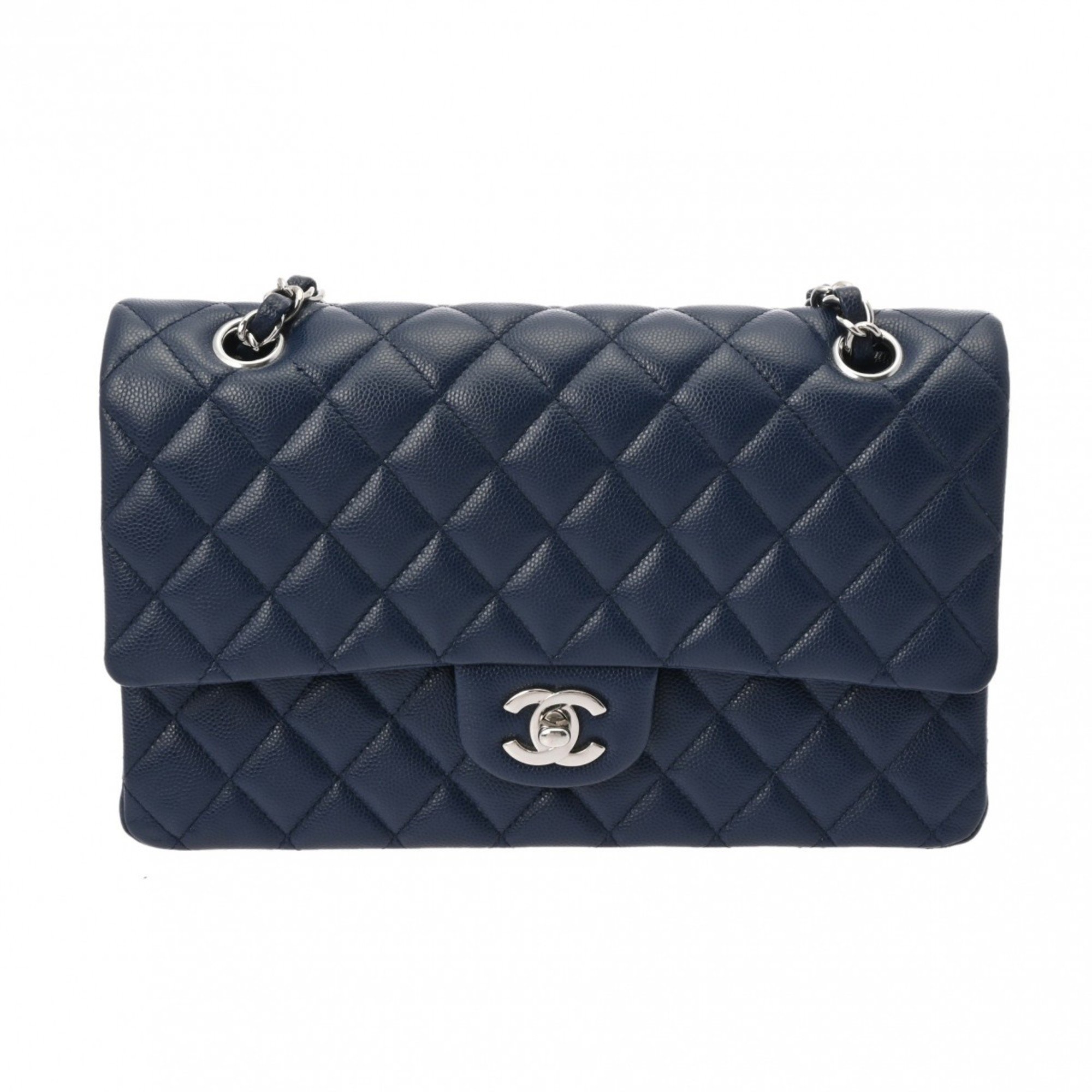 CHANEL Chanel Matelasse Chain Shoulder Double Flap 25cm Navy Women's Caviar Skin Bag