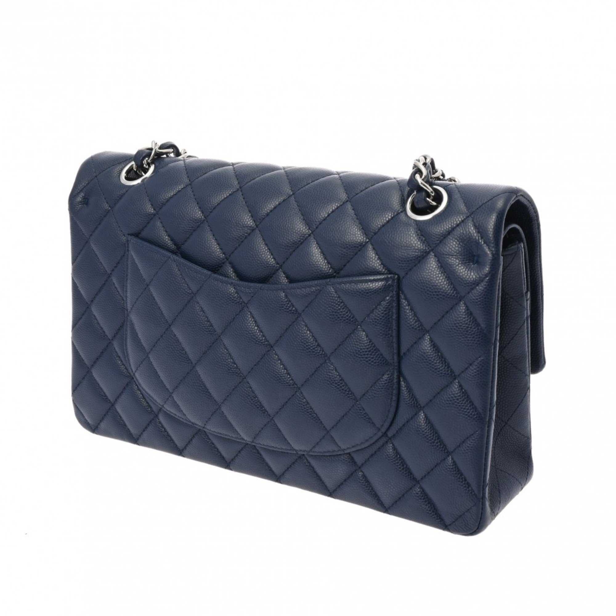 CHANEL Chanel Matelasse Chain Shoulder Double Flap 25cm Navy Women's Caviar Skin Bag