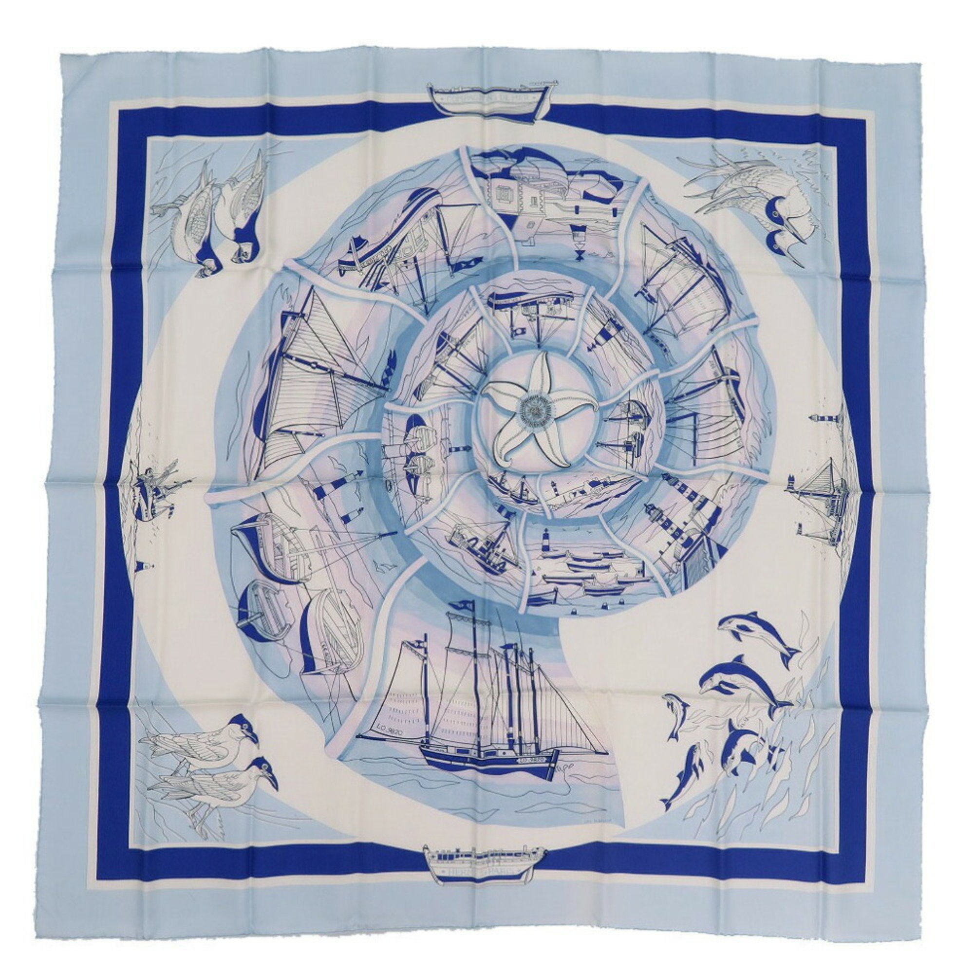 Hermes Carré 90 COMPAGNONS DE MER Sea Friends Silk Blue White Light Scarf 0218HERMES