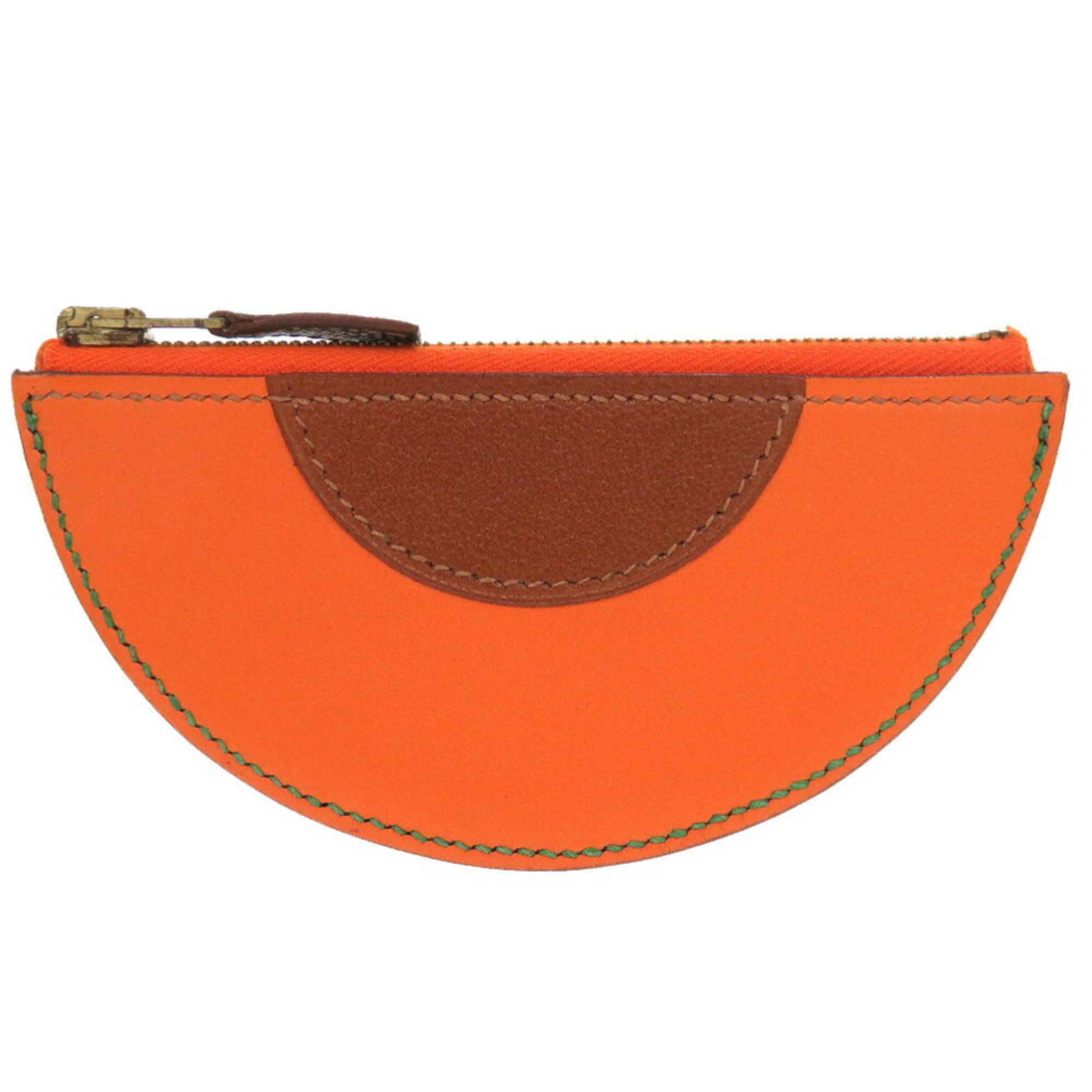 Hermes Fruit Orange Leather Brown F Engraved Coin Case Purse Wallet 1085 HERMES