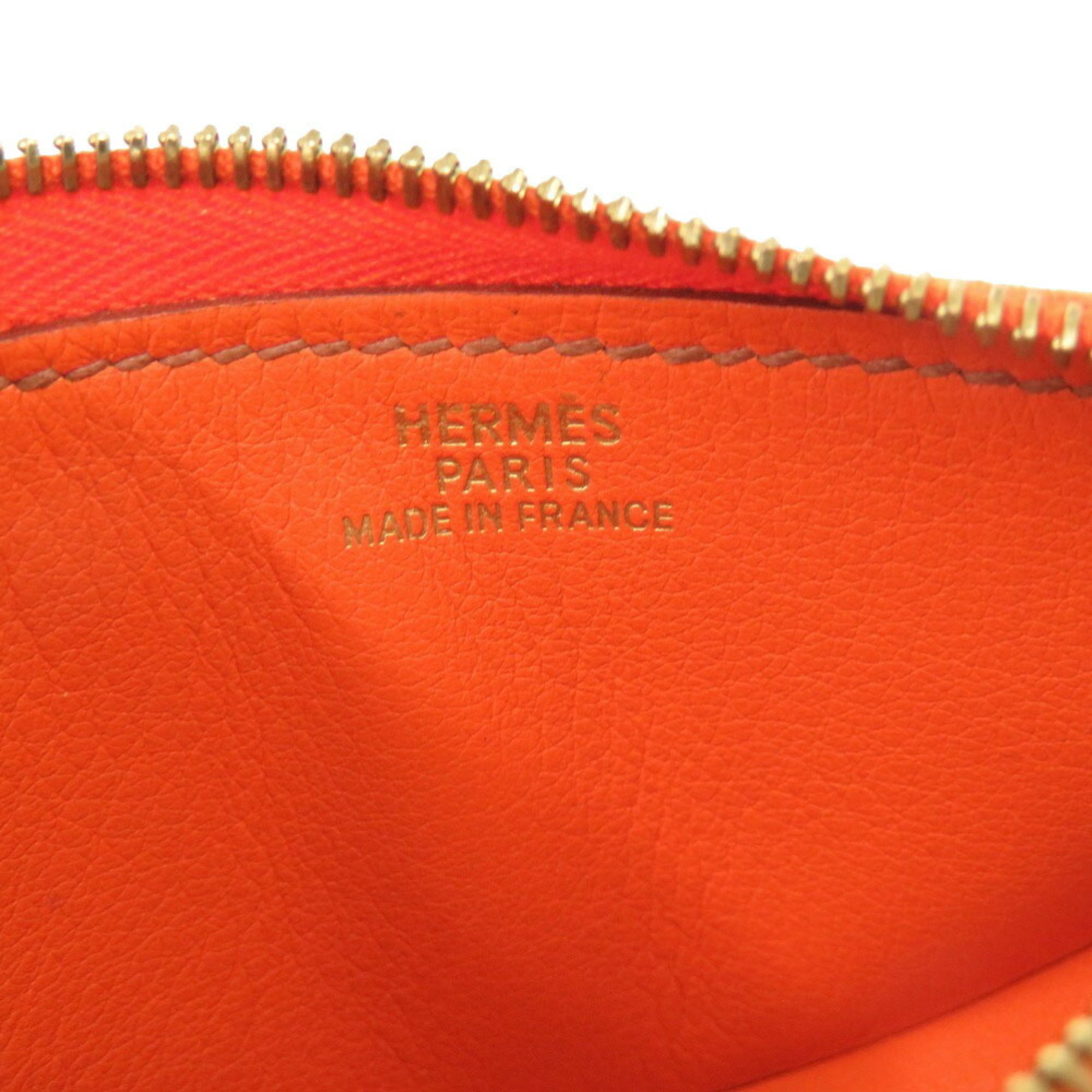 Hermes Fruit Orange Leather Brown F Engraved Coin Case Purse Wallet 1085 HERMES