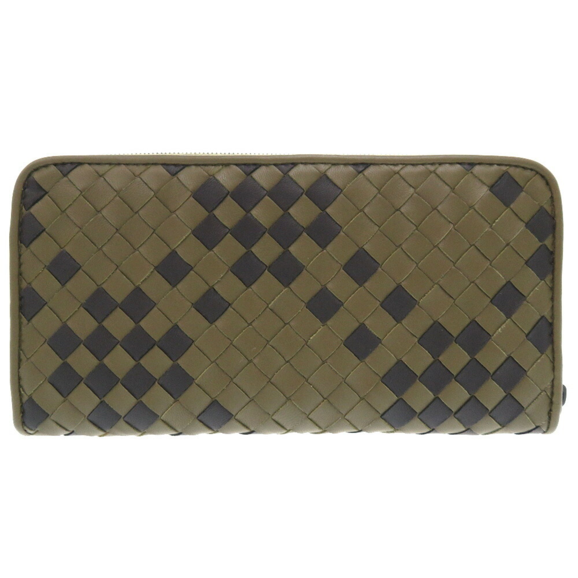 Bottega Veneta Khaki Black Leather Intrecciato Round Long Wallet Bicolor 1434 BOTTEGA VENETA Men's