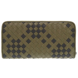 Bottega Veneta Khaki Black Leather Intrecciato Round Long Wallet Bicolor 1434 BOTTEGA VENETA Men's