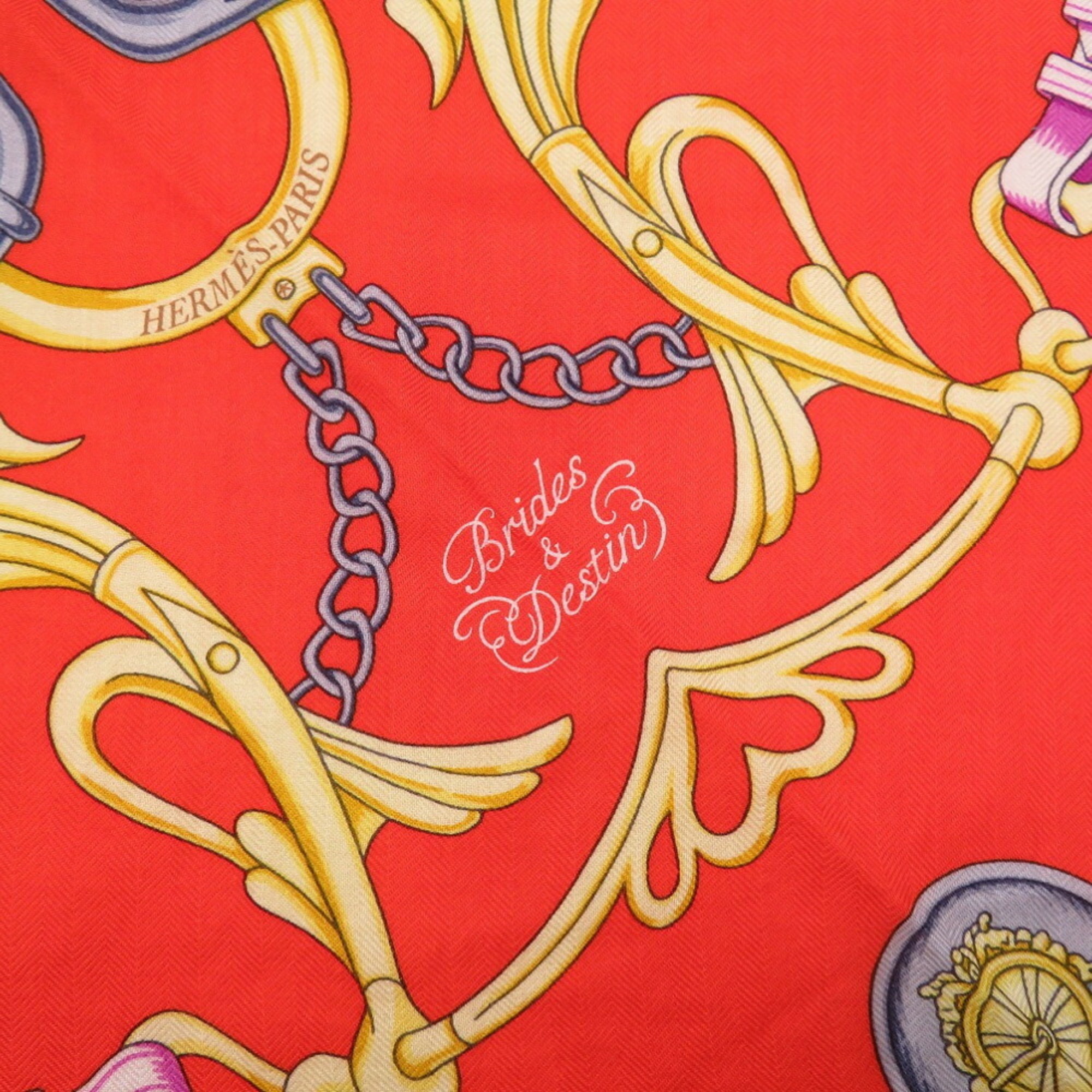 Hermes Triangle Gean Carre Brides et Destin Cashmere Silk Orange Multicolor Vermilion Stole Scarf 0228HERMES