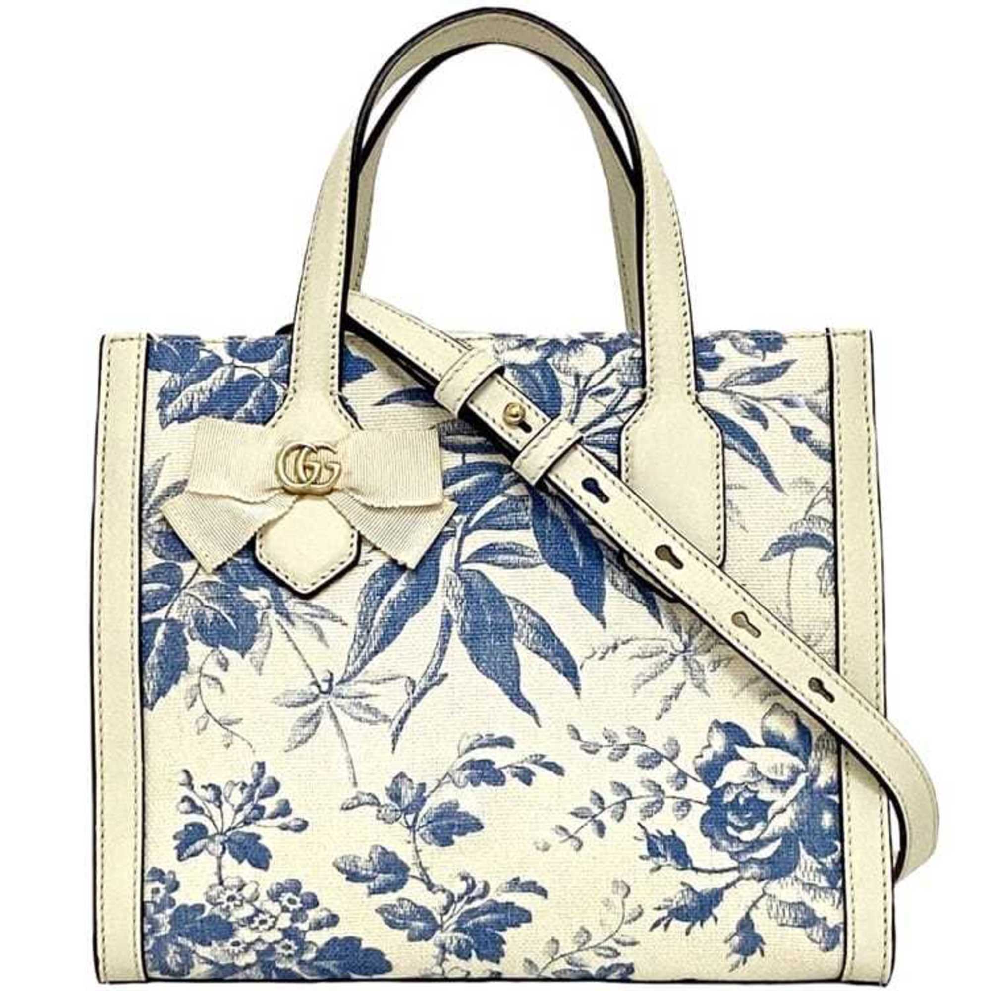 Gucci 2-way bag f-21163 White Blue Flower Herbarium 443089 GG Ribbon Canvas Leather GUCCI Japan Exclusive Freestanding