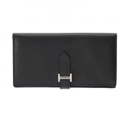 HERMES Bearn Soufflet Black O Stamp (around 2011) Unisex Epsom Leather Long Wallet