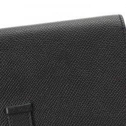 HERMES Bearn Soufflet Black O Stamp (around 2011) Unisex Epsom Leather Long Wallet