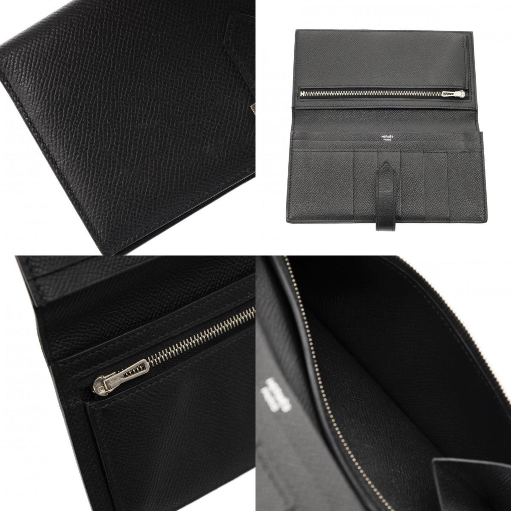 HERMES Bearn Soufflet Black O Stamp (around 2011) Unisex Epsom Leather Long Wallet