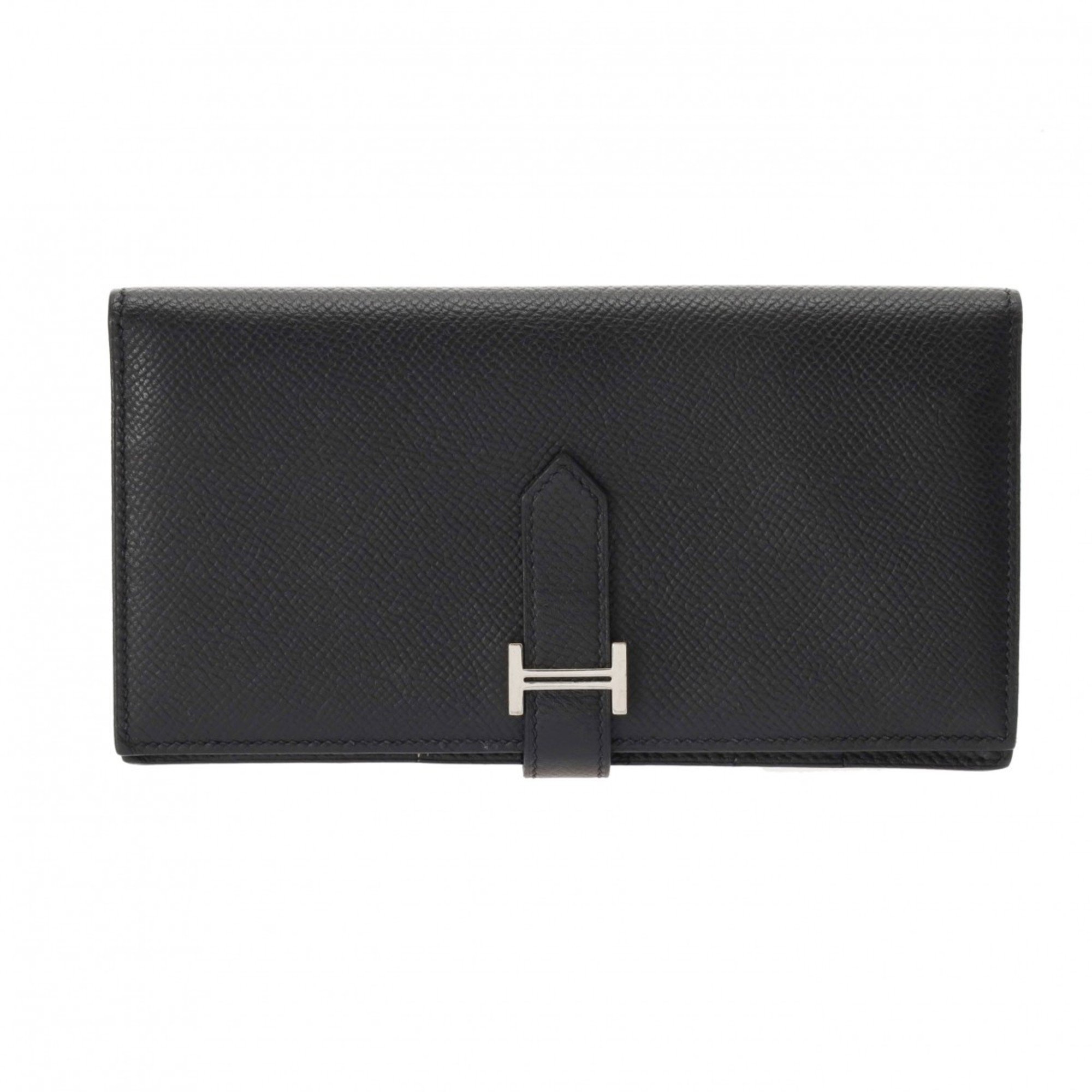 HERMES Bearn Soufflet Black O Stamp (around 2011) Unisex Epsom Leather Long Wallet