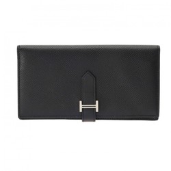 HERMES Bearn Soufflet Black O Stamp (around 2011) Unisex Epsom Leather Long Wallet