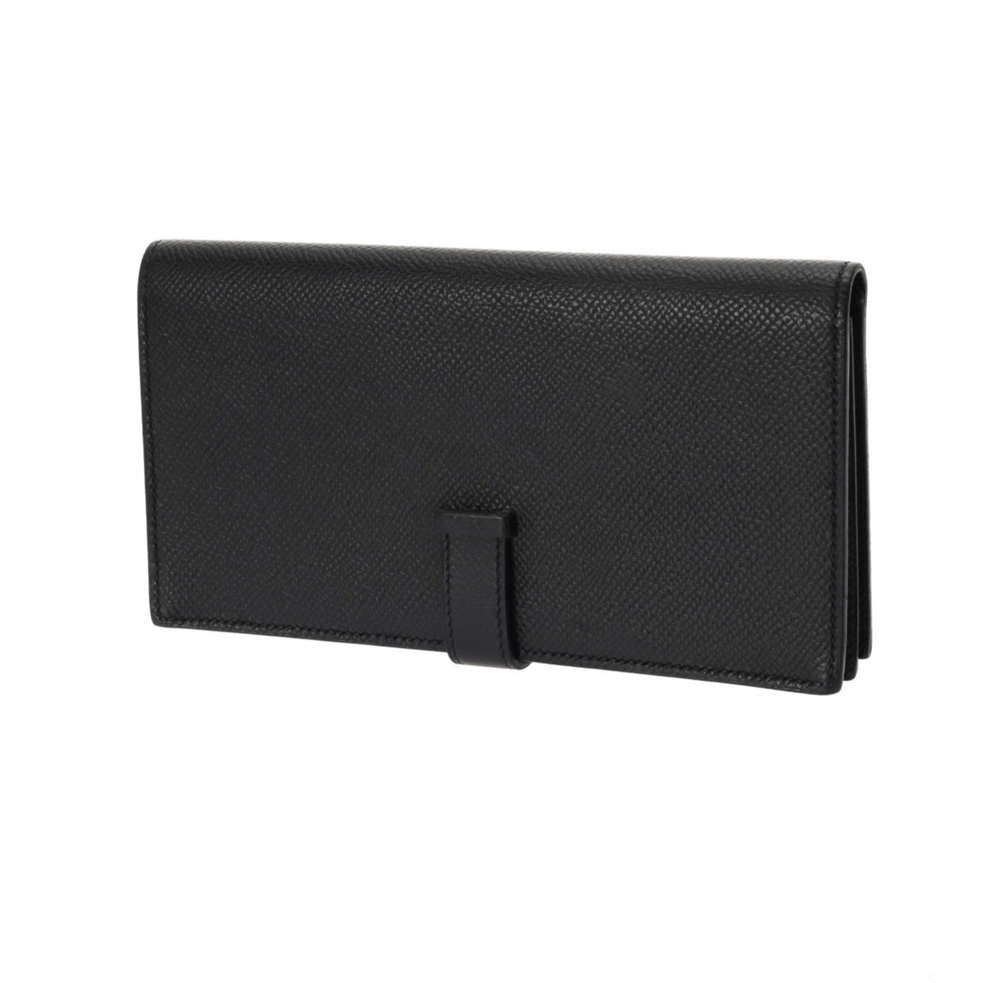 HERMES Bearn Soufflet Black O Stamp (around 2011) Unisex Epsom Leather Long Wallet