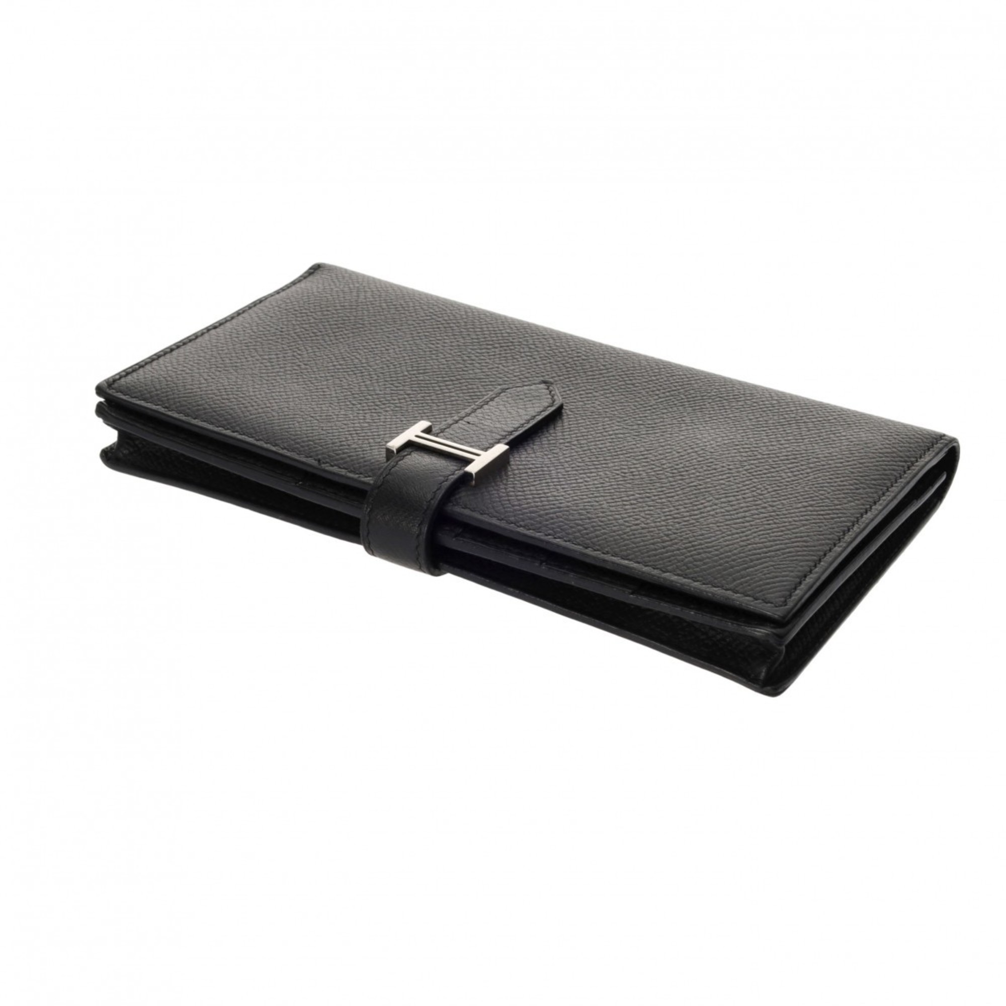 HERMES Bearn Soufflet Black O Stamp (around 2011) Unisex Epsom Leather Long Wallet