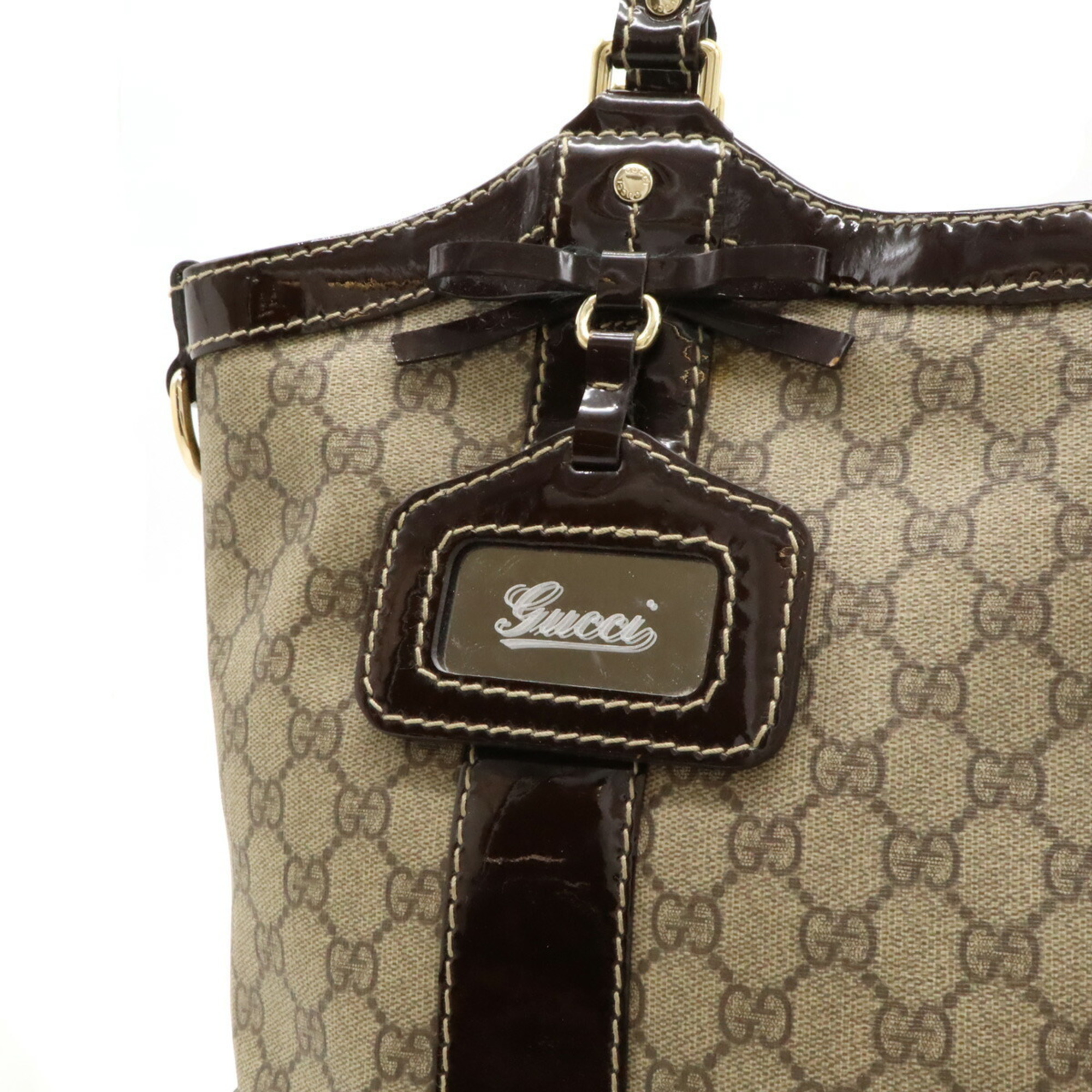 GUCCI GG Supreme Ribbon Tote Bag Shoulder PVC Patent Leather Khaki Beige Dark Brown 203521