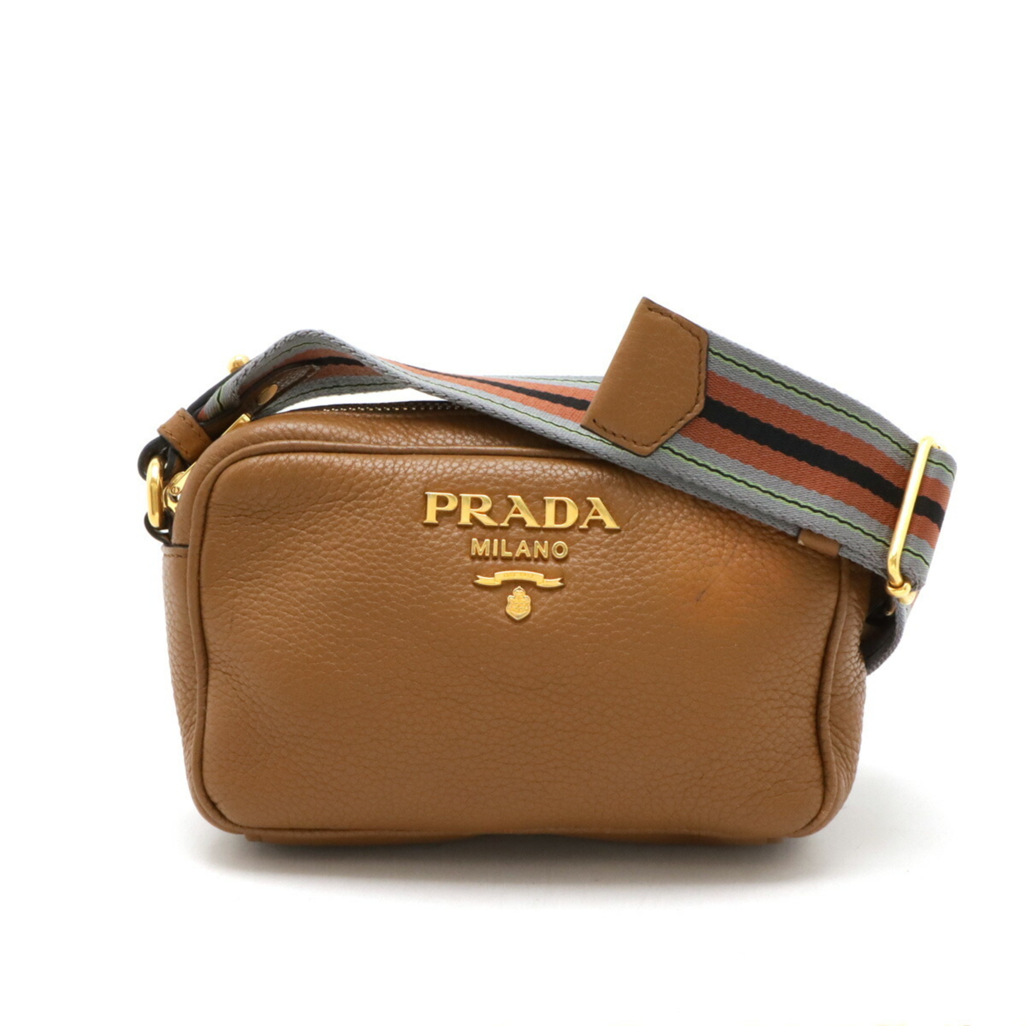 PRADA VIT.DAINO Shoulder Bag Striped Leather Brown 1BH082