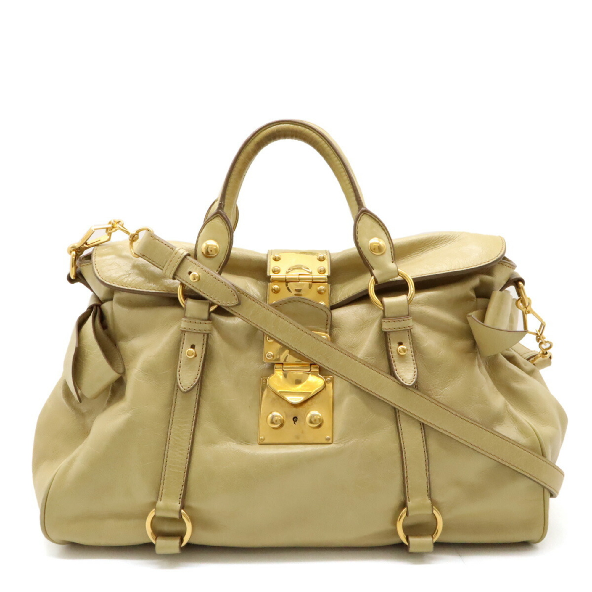 Miu Miu Miu Ribbon Handbag Shoulder Bag Leather Beige