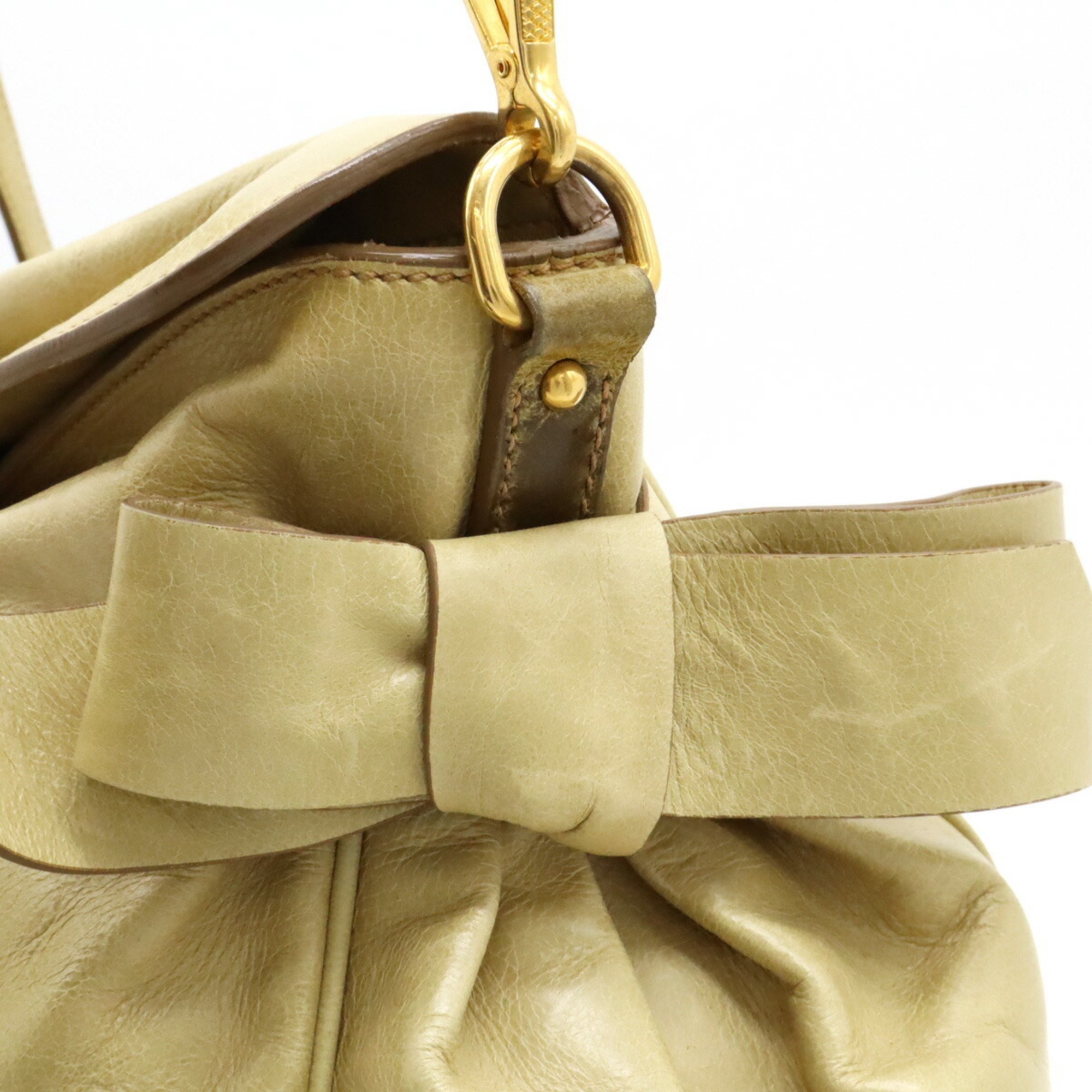 Miu Miu Miu Ribbon Handbag Shoulder Bag Leather Beige