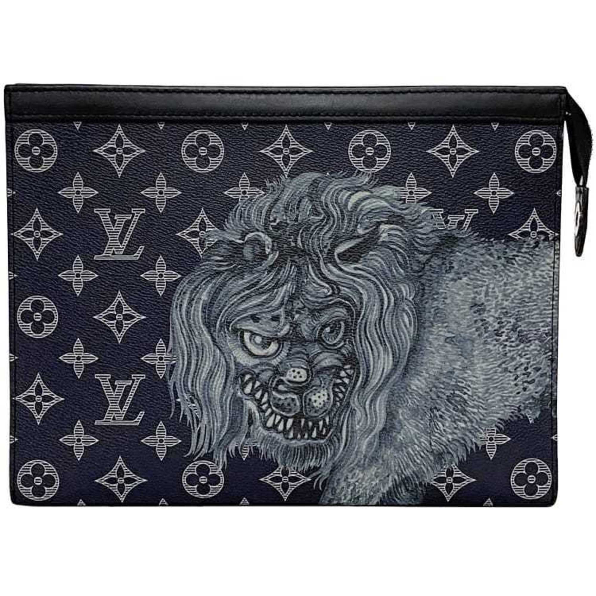 Louis Vuitton Clutch Bag Pochette Voyage f-21124 Navy Monogram Savannah M66639 Chapman Brothers Canvas LOUIS VUITTON Lion Blue Second Collection