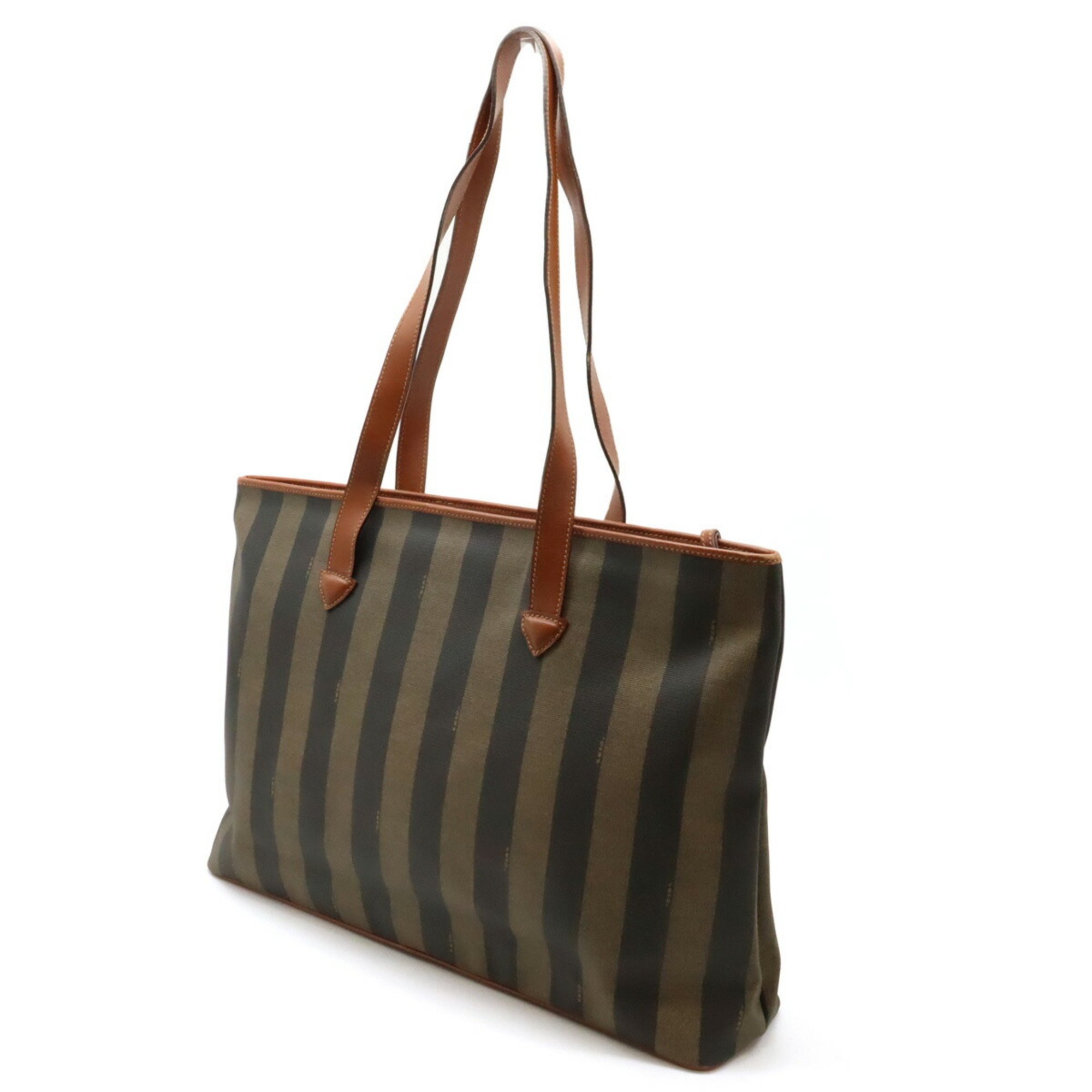 FENDI Pecan Stripe Tote Bag Shoulder Leather PVC Khaki Brown Black 13586